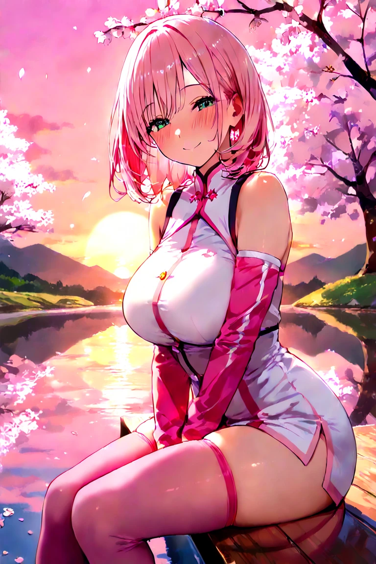 Very detailed CG Unity 8K wallpaper, Cute One lady, Mature pink hair、lady ,beautiful lady, pale skin (Super masterpiece, Beautiful person, well detailed face polluted smile, Photorealistic, hyper realisitic), Colorful winter kimono in pink and white colors、(white fur)、Japanese Style Hair Accessories、smile、Japanese background with light pink flowers and snow、Portrait、(pink eye)、(flat chest:1.2)、(Glowing Skin:1.7)、Detailed eyes、Big eyes、Open your mouth、Hide your arms、(all nude:1.5)