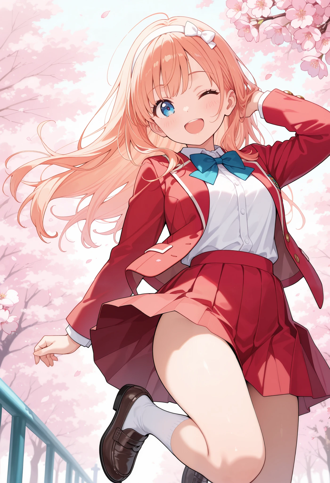 (watercolor:0.4),(pastelcolor:0.4),pastel hues,masterpiece,best quality,high score,great score,absurdres,1girl,alone,white hairband,long hair,school uniform,white shirt,long sleeves,red blazer,red skirt,blue bowtie,Loafer,;d,convenient_arm,jumping,looking_at_viewer,face focus,soft colors,dutch anglein spring,cherry blossoms background,