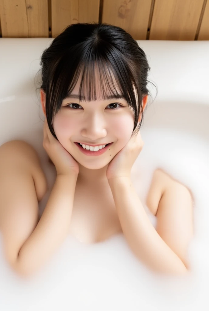 NSFW, liquid on face, bukkake, beautiful girl, naked, cute, smiling, Japan, short bob, black hair