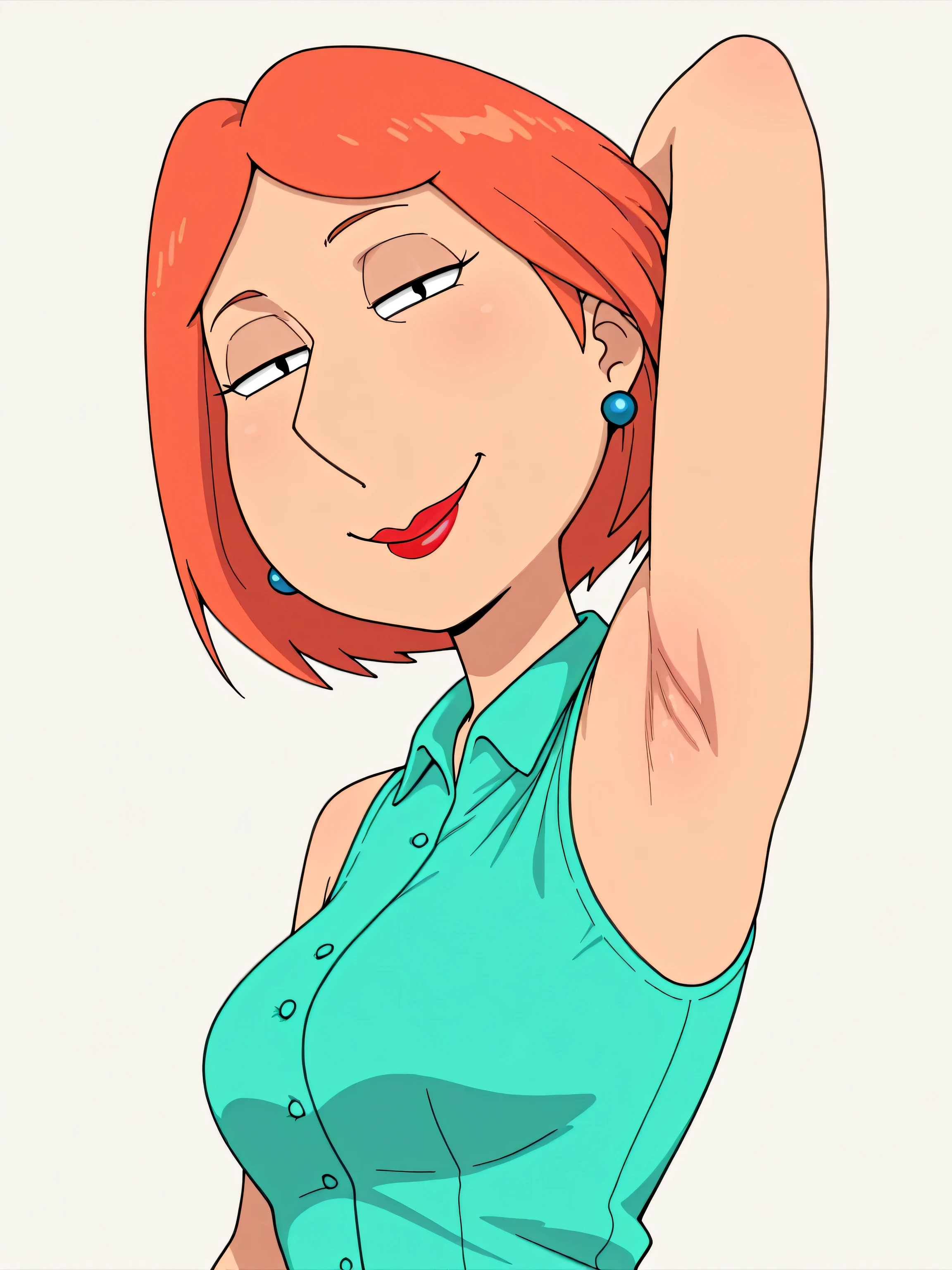 masterpiece, best quality, amazing quality, anime screencap, collared shirt, buttons, 1girl, solo, lois, dot pupils, blue earrings, jewelry, short hair, lipstick, orange hair, aqua shirt, breasts, sleeveless, bare arms, bare shoulders, arm behind head, armpit, head towards viewer, looking at viewer, smile, smug, half-closed eyes, closed mouth, (front light:1.1), white background, simple background, from side
