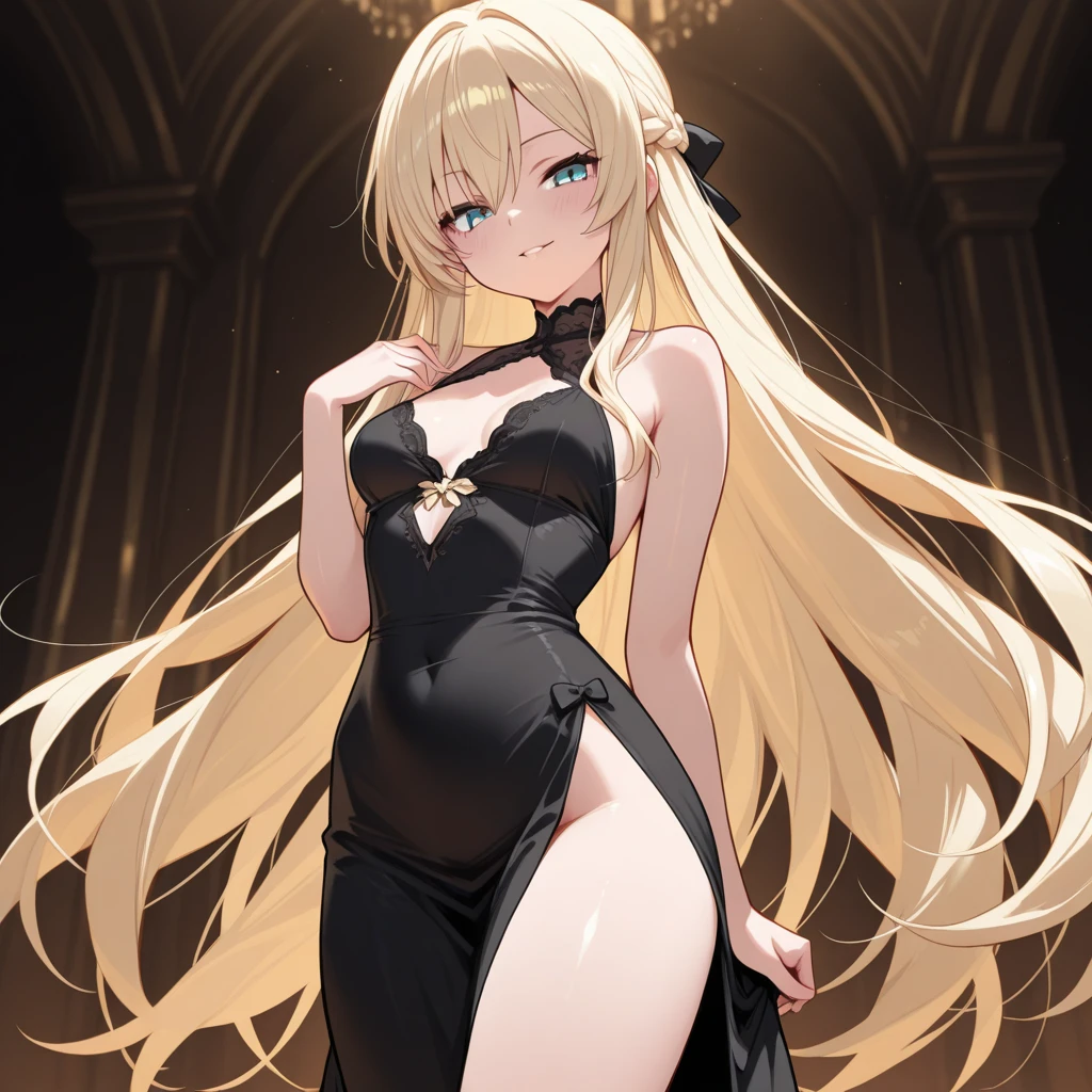 Safe for work, masterpiece, best quality, solo, 1 girl, facing forward, looking at camera, (young female body:1.4), ( medium small breasts), golden yellow hair, extra long hair, blunt bangs, crystal blue eyes, very detailed eyes, luxourius bedrrom background, on bed, arched back, strapless dress, long black gown, black dress, aehego, kneeling, on her knees, on hands and knees, collar, elbows on ground, leaning forward, spreading legs