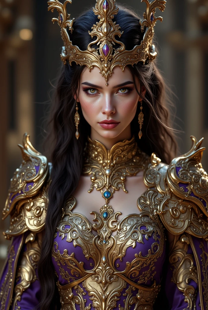 A regal portrait of Queen Raela stand in front of her throne in the grand throne room of the huge elegant castle on Slaphnyr island. She is dressed in royal, ornate robes with intricate designs, and a crown adorned with jewels. The throne room is lavishly decorated with banners, magical artifacts, and glowing crystals. Raela's expression is expression is wise and firm, and she holds a scepter imbued with magical energy. The atmosphere is majestic and awe-inspiring, reflecting her powerful and benevolent rule. (photo realistic:1.4), (hyper realistic:1.4), (realistic:1.3), (smoother lighting:1.05), (increase cinematic lighting quality:0.9), 32K, realistic lighting, ray trace, (brightening light:1.2), (Increase quality:1.4), (best quality real texture skin:1.4), finely detailed eyes, finely detailed face, finely quality eyes. (UHD, retina, masterpiece, accurate, anatomically_correct, textured_skin, super_detail, high_details, high_quality, best_quality, high_res, 1080P, HD, 4K, 8k, 16k), (beautiful_detailed_eyes, beautiful_detailed_lips, extremely_detailed_eyes_and_face), soft_lighting, physically-based_rendering, vivid_colors, (Best Highest Quality, 8K, High Resolution, Masterpiece:1.2), Ultra Detailed, Extremely Fine, (Realistic, Photo Realistic:1.37).