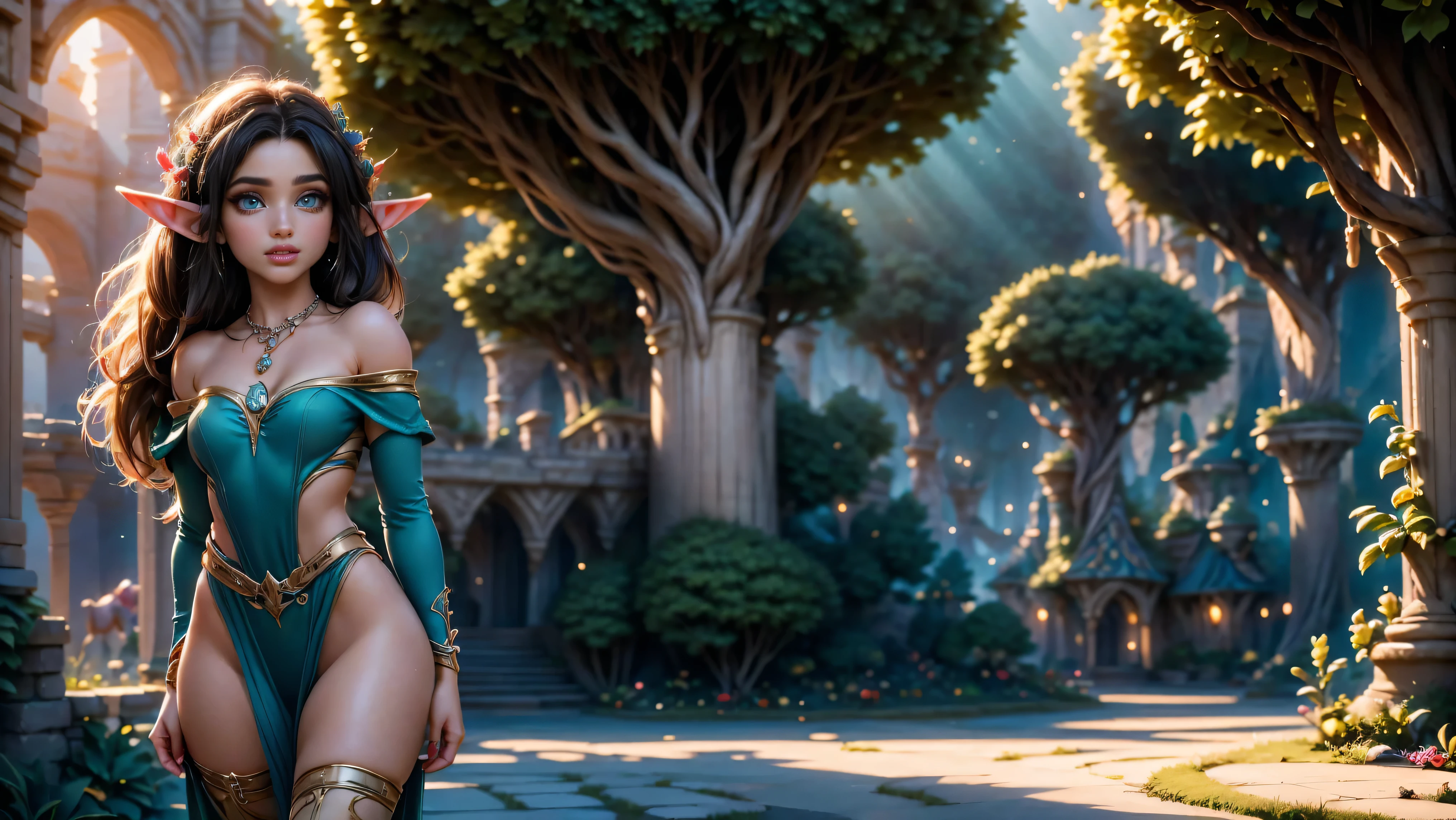 ((1girl)), ((solo)), ((young woodland warrior elf girl)), ((walking through an elf village)), ((male elves turning to look at her)), ((elf girl focus)), ((long dark hair)), ((small ears)), ((round breasts)), thigh-highs, formfitting eleven clothes, tight clothes, ((looking at viewer)), ((green eyes)), ((beautiful day)), ((smiling)), Perfect body, beautiful, young, tempting, alluring, jewelry, necklace, off shoulder, ((skinny)), ((petite)), ((small)), flirting with camera, Best Looks, ((fantasy castle in the background)), beams of sunlight, fantasy