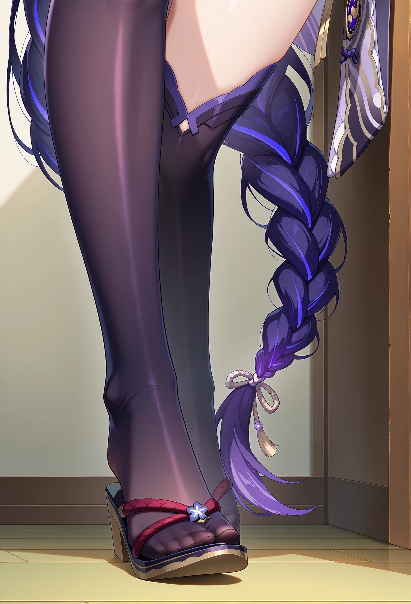 sprCm, hair over one eye, fake rabbit ears, hairband, hair flower, frilled choker, leotard, black gloves, pantyhose, big breasts, 1girl, solo, Sitting, On the floor, Split Horizon, stretch, horizontal splits, stretch regs, hands on floor