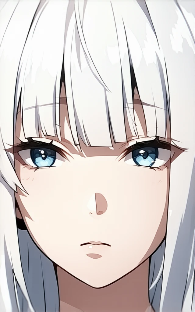 Anime character with white hair, semi-smooth. The fringes are long and fall over the eyes, completely covering them, but leaving a small opening in the forehead,  in the center