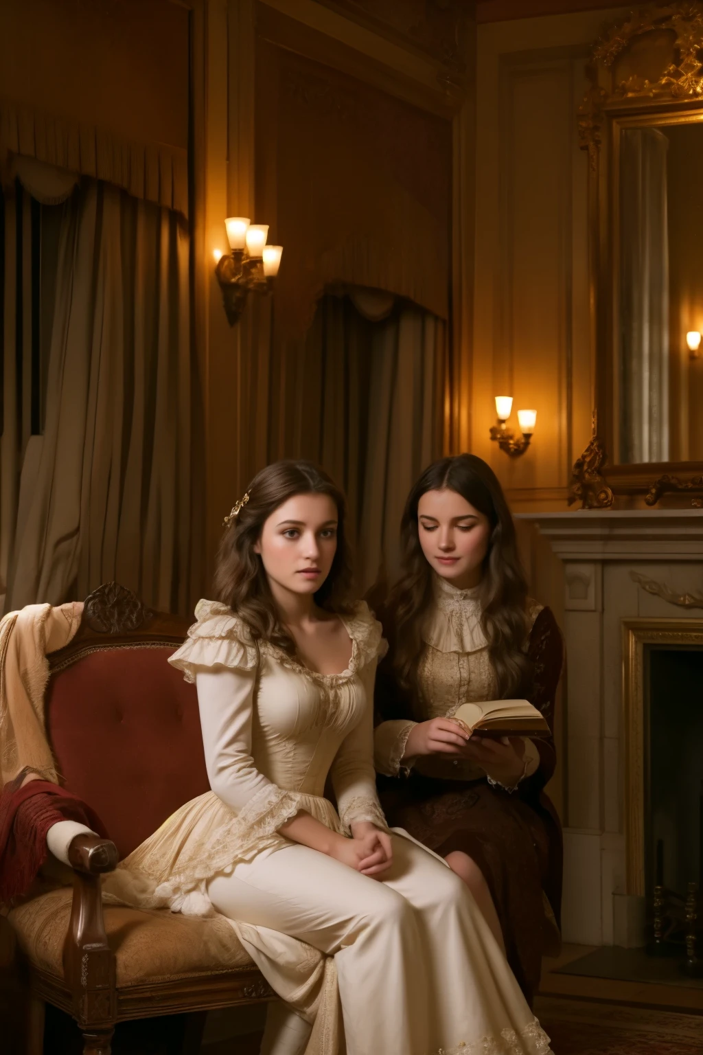 A warm, golden light illuminates a cozy parlour setting in the Victorian era. Three normal young girls, dressed in frilly, high-necked gowns and puffed sleeves, sit together on a plush armchair. The eldest, with curly brown locks, holds a worn leather-bound book, while her companions, sporting matching blonde ringlets, gaze up at her with admiration. The backdrop is a rich, dark wood paneling, adorned with ornate mirrors and intricately carved furniture. Soft, gentle shadows dance across the scene as the girls' laughter and whispers fill the air.