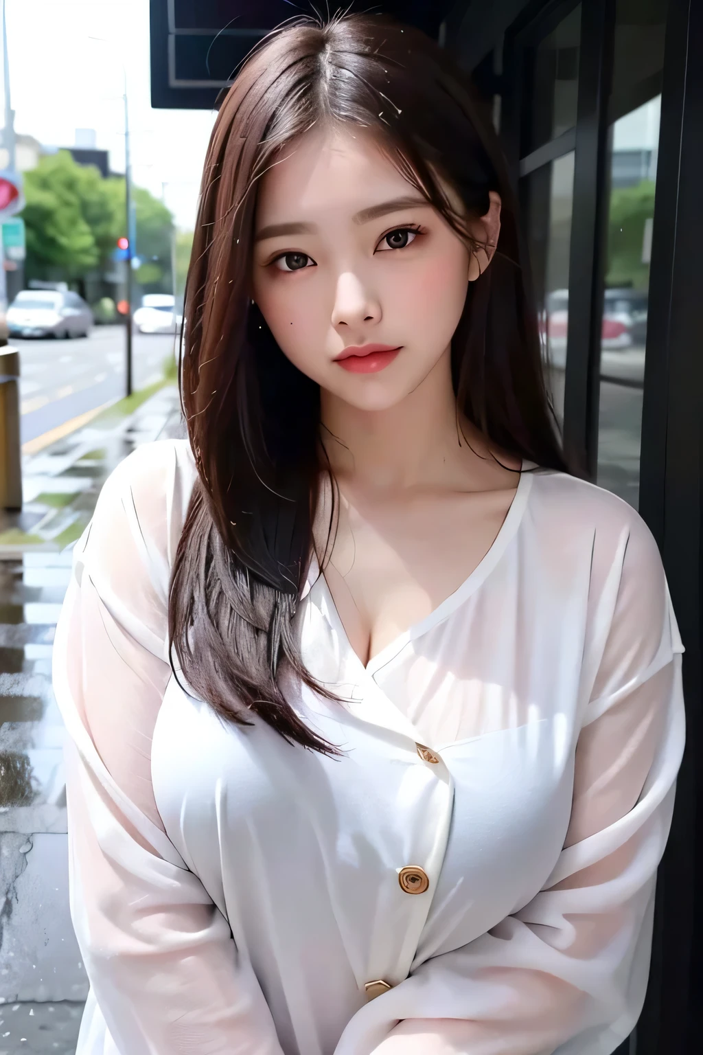 ((masterpiece: 1.3),8K, Realistic, RAW Photos, Highest quality: 1.4), (One Girl), beautiful顔, (Realistic Face), (Brown long hair: 1.3), bangs,She is wearing a stylish off-the-shoulder dress, Perfect dynamic composition,(High quality with attention to detail, Realistic depiction of eyes:1.3)、(((She is wearing a navy blue short-sleeved off-the-shoulder dress.、White panties, right eyes、blue sky))),The whole is facing forward、21talent、beauty、Well-formed face、Even out the eyes、beautiful黒髪、Banditium Build、Balanced ratio、beautiful足、Short sleeve blouse、Fresh face、beautiful景色、beautifulヘアスタイル, (bangs), (smile), smile, Realistic eyes, Gloss, highlight, highlight in the Eyes, eyelash, 目の中のbeautifulディテール, (Realistic Skin), Shooting from the air、beautiful肌, Transparency、(beautiful)、 bust, smile, teeth, Confused, charm, 超High resolution, Ultra-realistic, High resolution, Golden Ratio, Clear eyes, Wet, Mole, Looking into the camera, ear, Shine, Long neck, double eyelid, Big eyes, cheek, kind character, charm personality, kind, Move, 圧倒的なcharm, bright personality