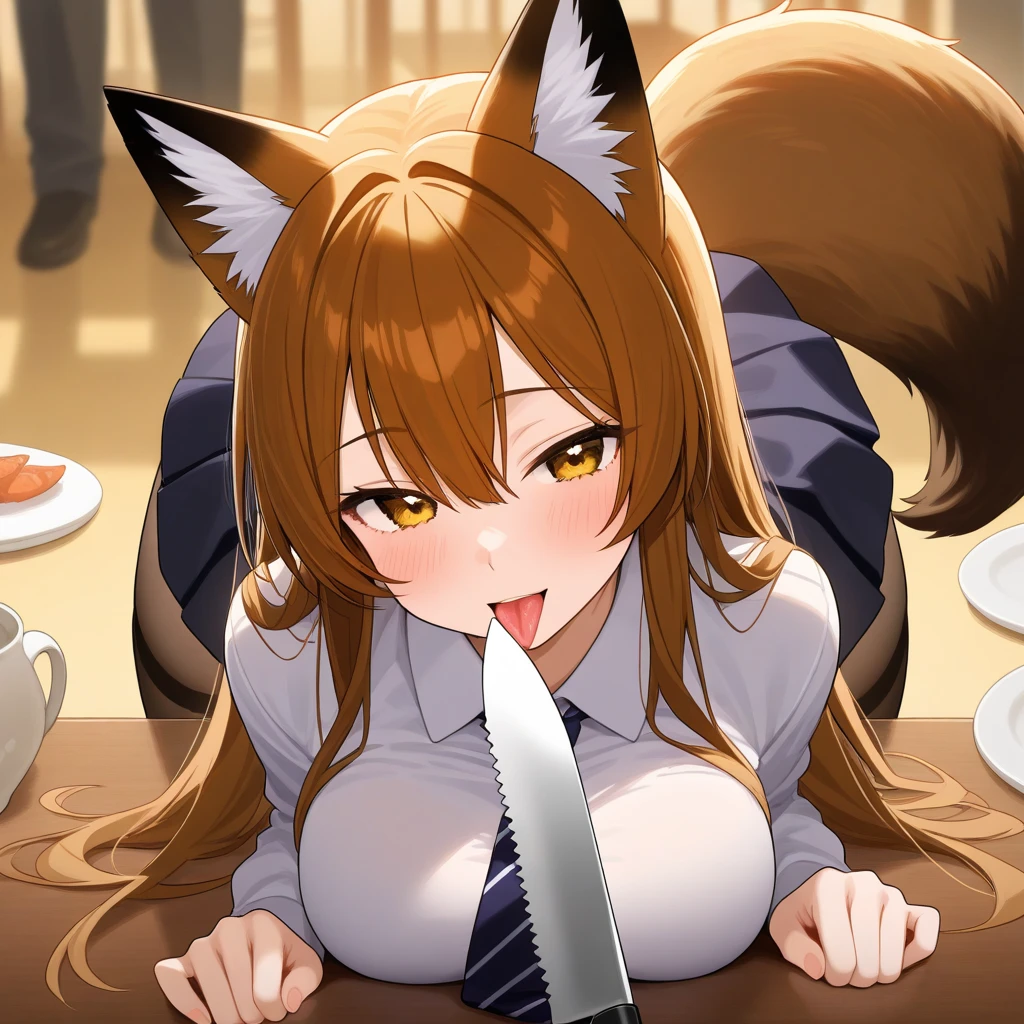 Score_9, Score_8_up, Score_7_up, Score_6_up, Score_5_up, Score_4_up, source_anime, anime style, anime screencap, screencap, anime coloring, 1girl, holo, brown hair,long hair,red eyes, wolf girl,wolf ear,wolf tail, ((cute)), heavy breathing, penis, penis lick