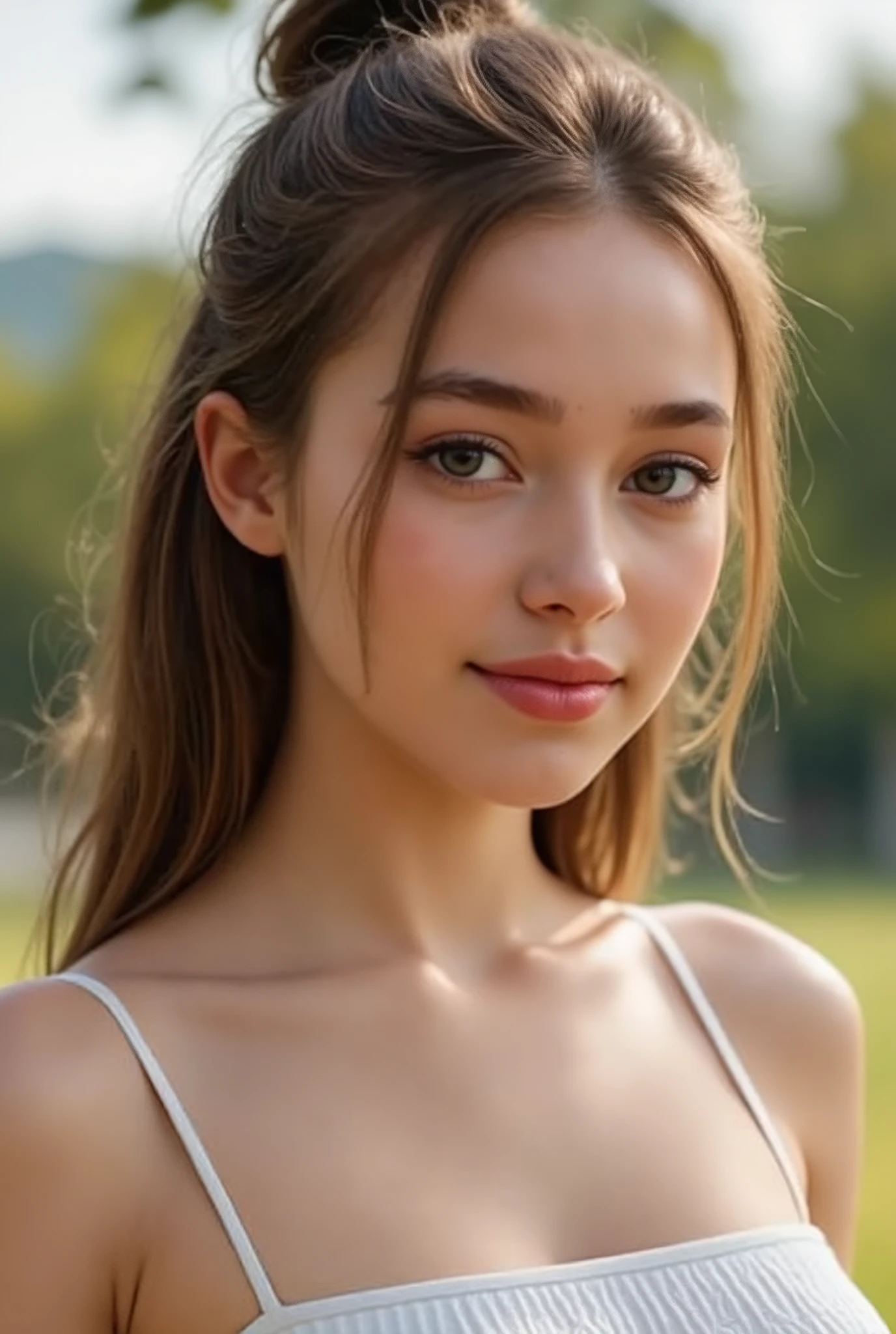 🌟 :
"high resolution, photorealistic, with natural lighting and soft transitions. professional quality, like modern fashion photography."
🌌 :
"outdoor shots at various locations: 1) A sunny park with blooming trees in the background, 2) an urban street covered with graffiti walls, 3) a beach at sunset with soft waves in the background, 4) a mountain landscape with a foggy forest."
😈 :
"An 18-year-old girl with flawless skin and expressive features. different haircuts: 1) open, straight hair, 2) curly waves, 3) an elegant updo, 4) a half-open bun with loose Stretch. She wears minimal makeup, that accentuates her natural beauty."
🔥 :
"Different emotions and perspectives: 1) A smiling look directly at the camera, 2) a thoughtful look to the side, 3) a playful look up, 4) an intense look with lips slightly open. The pose is natural, with a slightly tilted head or a hand, that gently touches the hair."