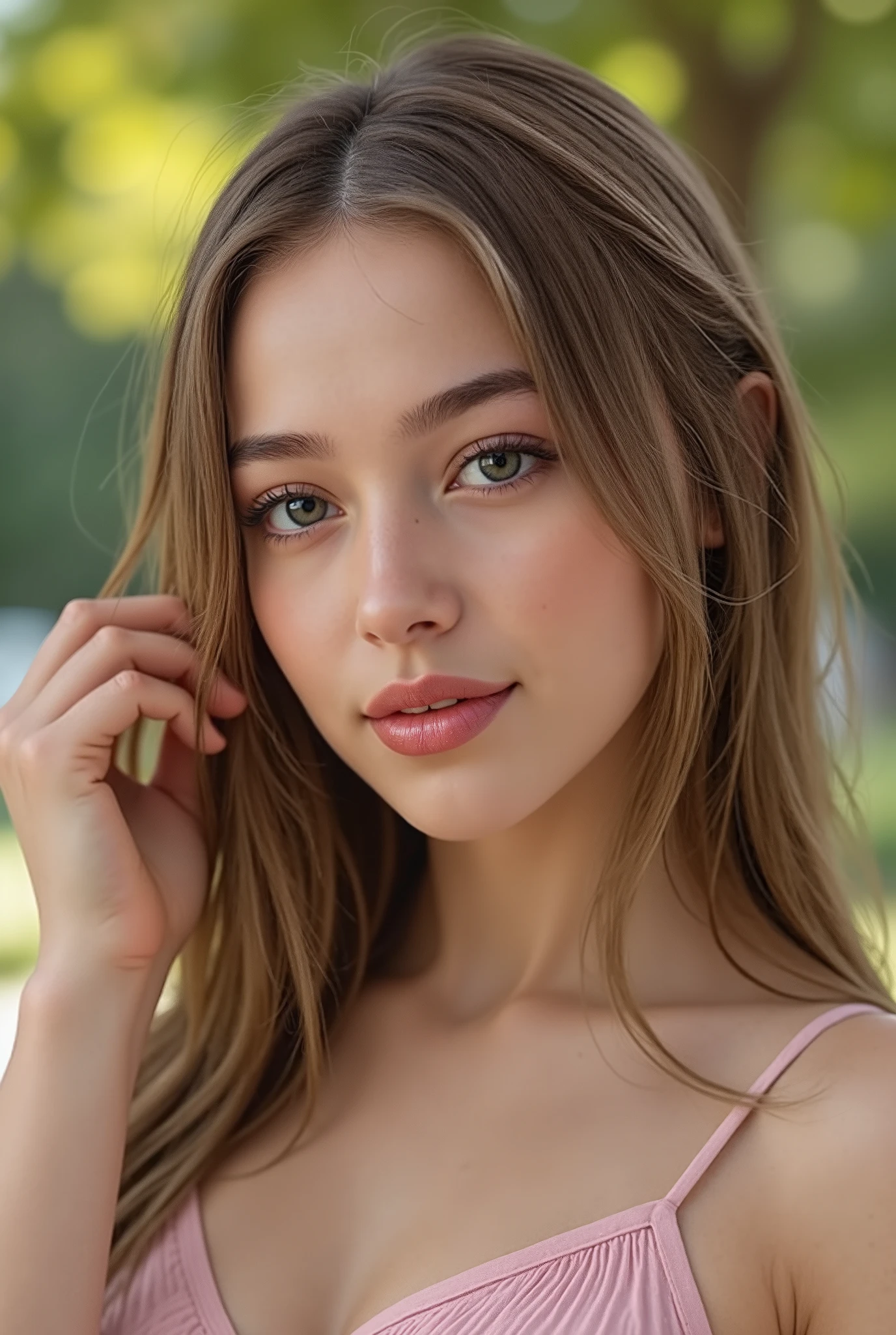 🌟 :
"high resolution, photorealistic, with natural lighting and soft transitions. professional quality, like modern fashion photography."
🌌 :
"outdoor shots at various locations: 1) A sunny park with blooming trees in the background, 2) an urban street covered with graffiti walls, 3) a beach at sunset with soft waves in the background, 4) a mountain landscape with a foggy forest."
😈 :
"An 18-year-old girl with flawless skin and expressive features. different haircuts: 1) open, straight hair, 2) curly waves, 3) an elegant updo, 4) a half-open bun with loose Stretch. She wears minimal makeup, that accentuates her natural beauty."
🔥 :
"Different emotions and perspectives: 1) A smiling look directly at the camera, 2) a thoughtful look to the side, 3) a playful look up, 4) an intense look with lips slightly open. The pose is natural, with a slightly tilted head or a hand, that gently touches the hair."