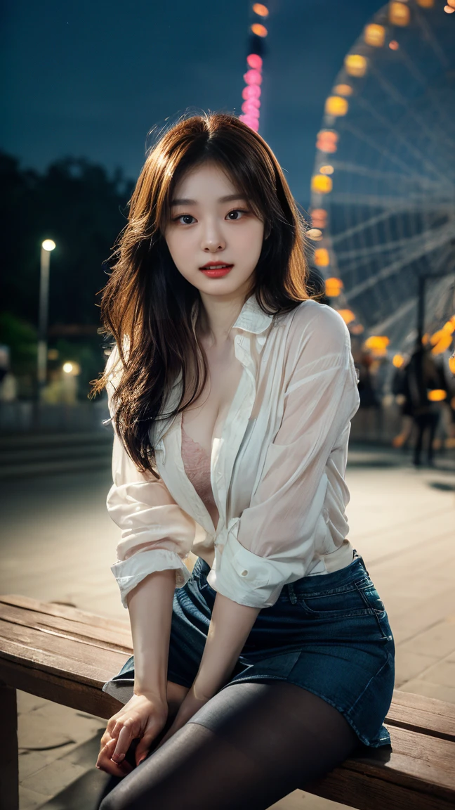 (Best Quality, 8K, Masterpiece, Ultra HD: 1.3), (K-Pop Idol: 1.5), 1 Pretty Girl, (Long brown Hair), Abs, Perfect Figure, Ultra Fine Face, Delicate Lips, Beautiful Eyes, Double Eyelids, Super fine hand, Super fine finger, Short skirt (Sultry) ((Aroused: 1.5)), Open shirt show , Big Breast  , Detailed , on the streets city in night