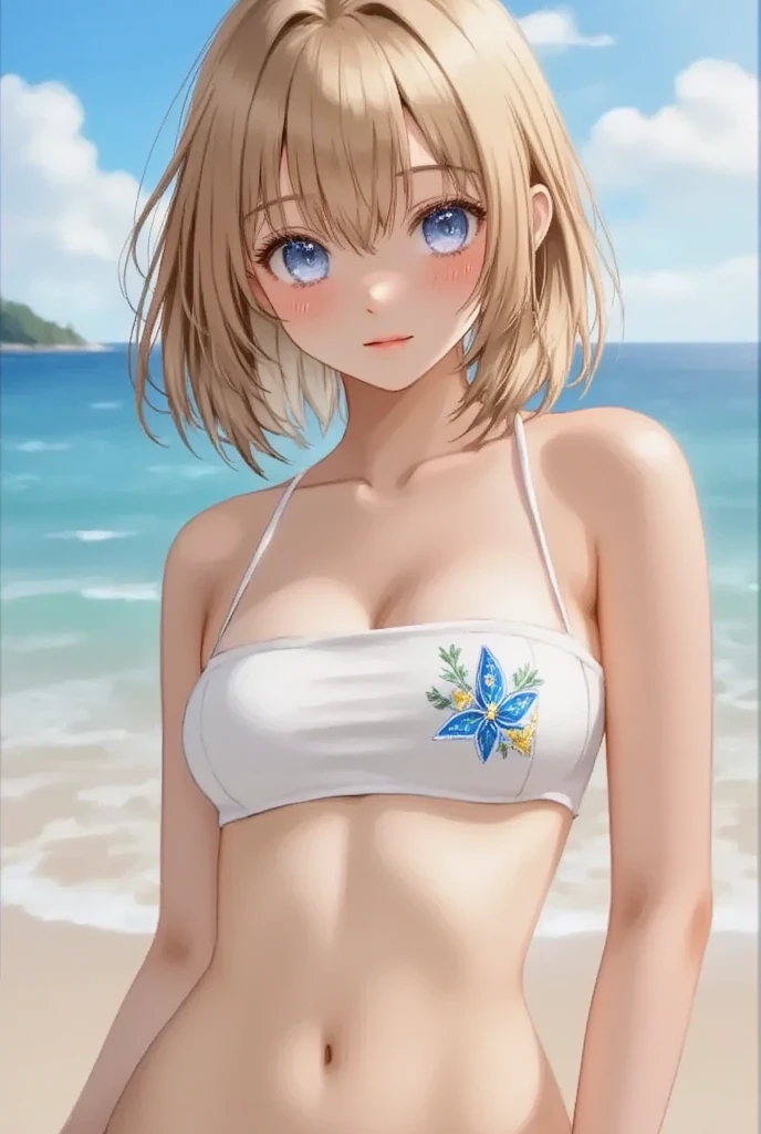 cartoon girl in a bikini standing on the beach with her hands on her hips, realistic bikini, clothing: bikini, Smooth anime CG art, is wearing a Swimwear, Beautiful and attractive anime woman, Girl on the beach, Swimwear, Beautiful and attractive anime , Created by Anime Painter Studio, Cute 3D anime girl render, in retro Swimwear, Swimwear