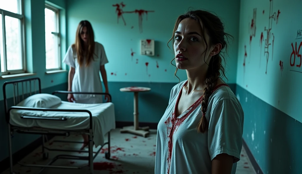 a female undead nurse taking a selfie next to a mummified patient on a bed, dilapidated disturbing hospital room, highly detailed, photorealistic, cinematic lighting, dramatic atmosphere, dark moody colors, intricate textures, gothic horror, 8k, best quality