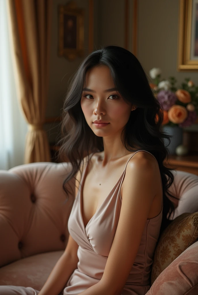 High quality, 4K, fully naked Japanese mature woman sitting on antique luxury chair, 5, beautiful legs, red high heels, black hair with a little bit of gray, lightly wavy long hair, wrinkles at the corners of the eyes, nasolabial folds, large bust, pearl necklace, looking at the camera,
