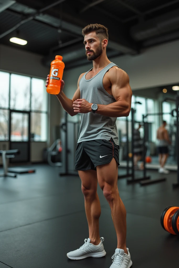 Muscular guy mixing green tea and water