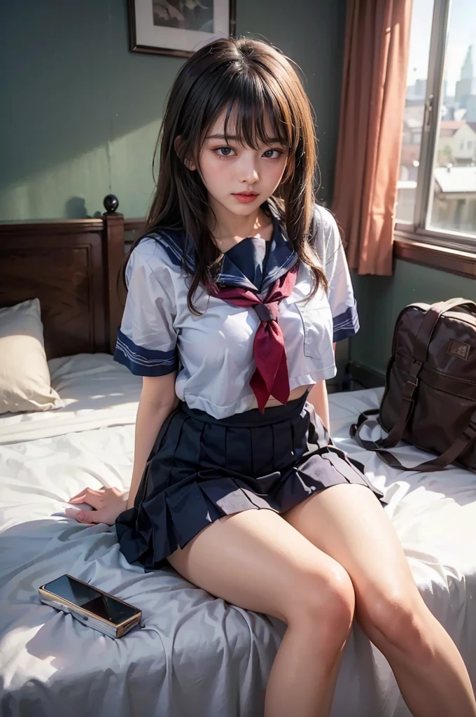 top-quality, masterpiece, (Professional lighting without shadows), A hyper-realistic, Bewitching, perfect anatomia, Two girls, (Proudly stand in front of the camera、Girl showing off ribbon tie, Another girl on the other side, Bend over and stick your butt out towards the camera), ( Huge breasts:1.2), (Bright and even whitening skin without wrinkles and steps), (Bright beautiful blue eyes with long eyelashes and red tear bags reflected light:1.3)、 (Braided half-up hair with bangs), (Although her outfit is a cramped schoolgirl uniform that fits the body,,、She dresses up super mini pleated skirt length very short:1.4), (Proudly showing off a crimson ribbon tie from the front:1.2), (Another girl on the other side、To beautifully emphasize the proud ultra mini pleated skirt、Showing off a pose with the buttocks exposed from directly behind:1.2), (Beautiful face squinting in dazzling light:1.3), ssmile,