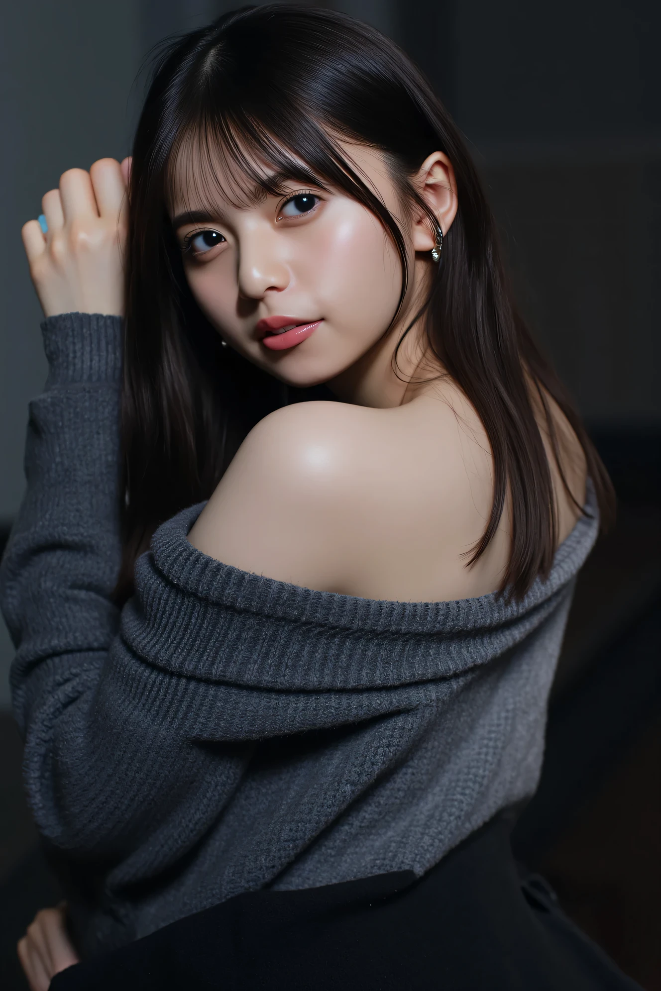 ((( High Resolution , top quality, very well detailed, masterpiece , highly detailed photos , realistic , Real people , Ultra precise skin ))) , , ( from the side ) , upper body , Advance Shot , ( giggle face ) , { wearing the sweater ( detail : backless and side less outfit } , black hair , medium hair , medium breasts , focus on the face and chest , (( tuck hair behind the ear : 1.8)) , { nsfw } , In the gloomy room