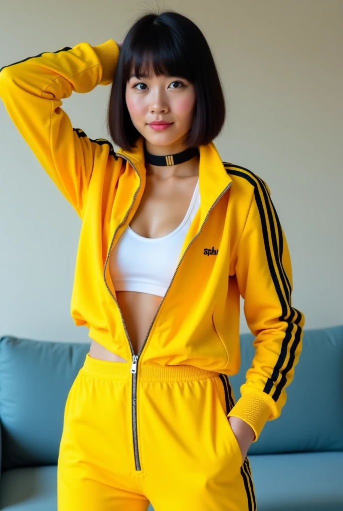 Girl standing with both hands up above hair and fingers close together, wearing yellow training uniform with zipper,