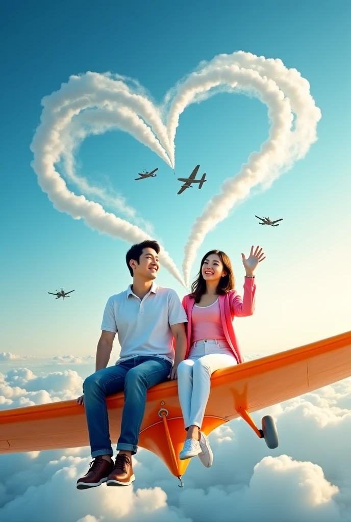romantic Indonesian couple; man with short black hair; woman with long straight black hair, sitting in a basket with a hot air balloon, colorful hot air ballon, hanging from a hot air balloon, as an air balloon, flying towards the camera, stunning surrealist sky, depictation landscape, they are smilling, happy, romantic pose, taken on go pro hero8, flying in the air, hot air balloons, up, facing the camera, photorealistic, 1536px, high quality.