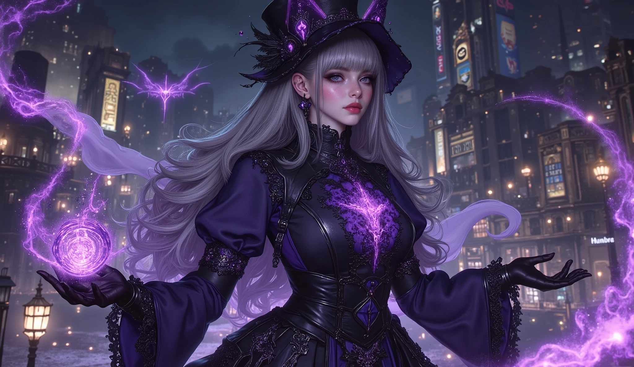 Girl, Gothic style, very long hair, black and white hair color, (((((Heterochromia eyes left aye is glowing white and right eye is black:1.5))))), Fantasy charming clothes, magic element, colorful, gotham city background, she is using Magic.