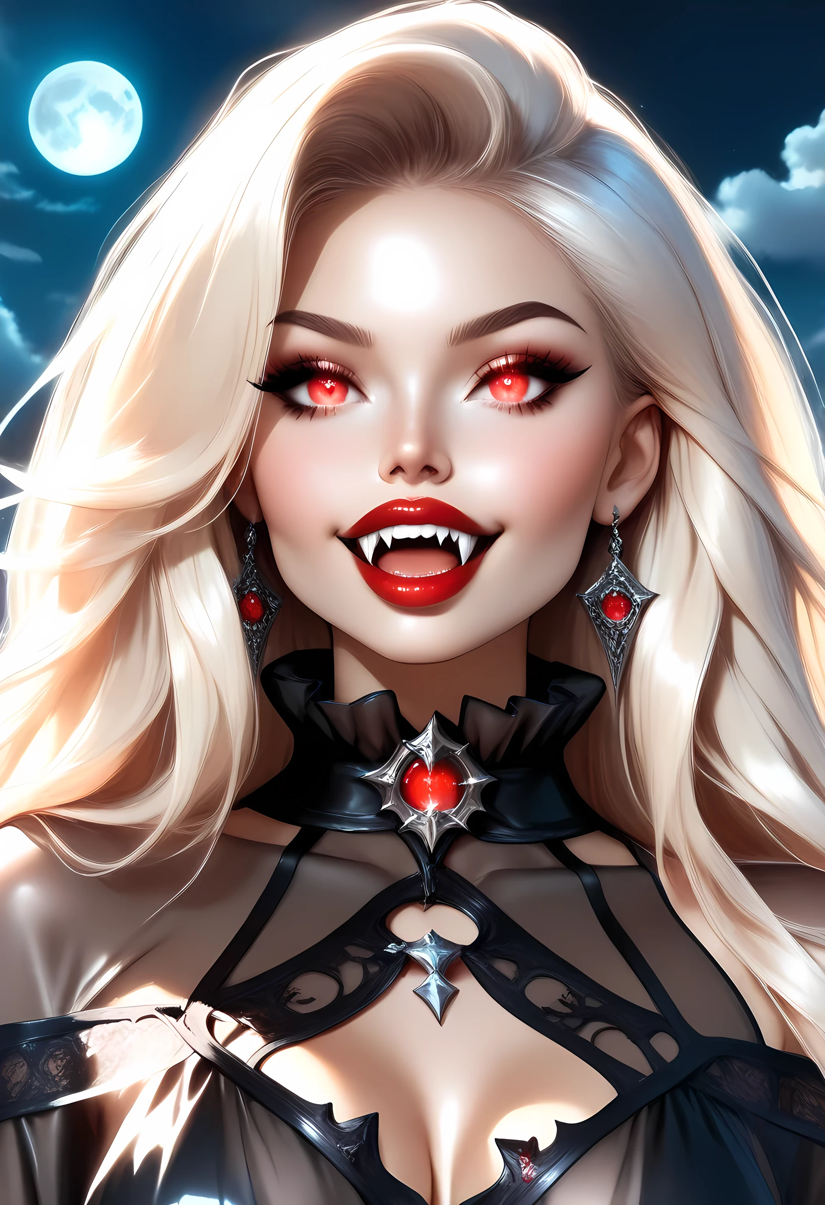 dark fantasy art, a picture of a fantasy, a beautiful female vampire, best detailed face,  pale skin, blond hair, glowing eyes, emerald eyes, dark red lips, fangs, wearing black dress, (transparent voile fabric dress: 1.3), goth dress, small cleavage, intricate dress, it is night time, the moon is in the sky, a sense of dread, soft light. moon rays. high details, best quality, 16k, [ultra detailed], masterpiece, best quality, (extremely detailed), close up, ultra wide shot, photorealistic, RAW, fantasy art, dnd art, fantasy art, realistic art,((best quality)), ((masterpiece)), (detailed), perfect face, fantasy, Vampire Dress, goth person, vampyfangs1