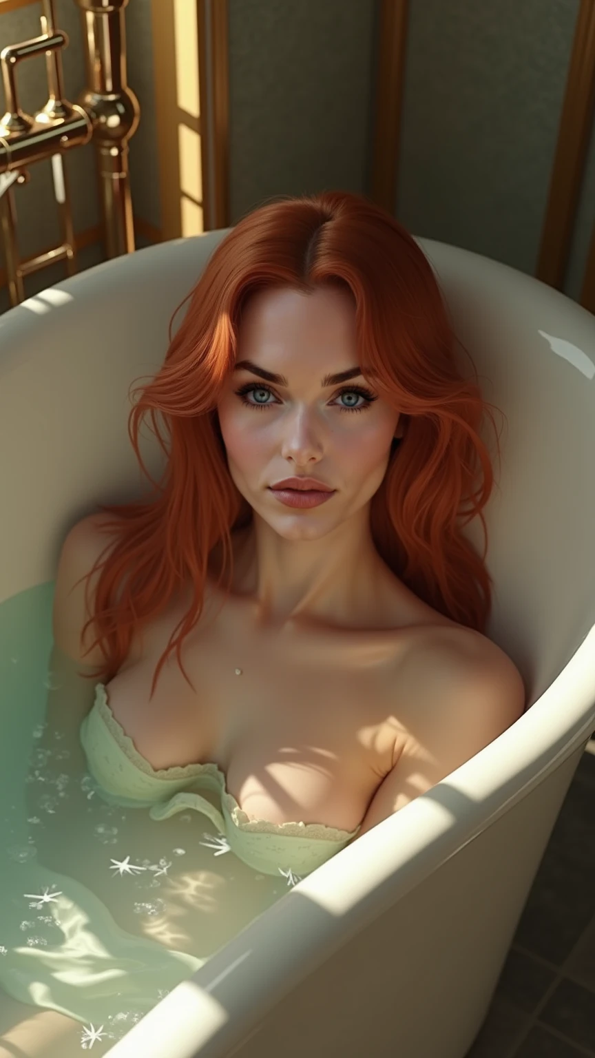 seamen covered Erotic Elizabeth Olsen in water, seen from above, +full body+, soapy, all soapy, supporting her arms under her +breasts+, white cum over boobs, large breasts (Elizabeth Olsen adult cam), red hair, naked, close-up, all wet, 4k, rolling eyes, glazed , glazed ass.