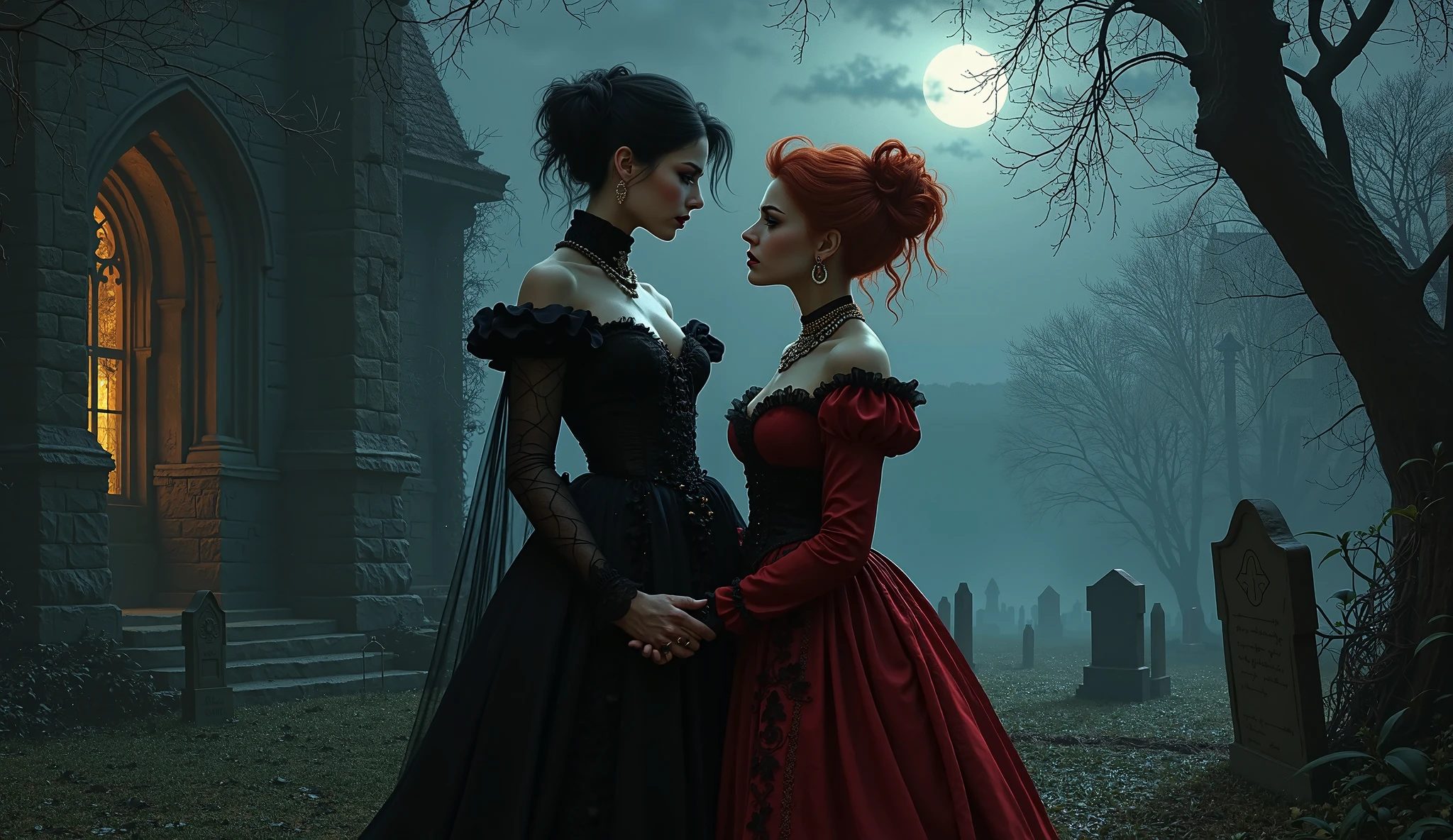 Beautiful 20 year old woman with short messy wavy light orange hair wearing a red and black corset and black cloak with gothic qualities, standing in a cemetery at night with fog holding an old style lantern, red lipstick, realistc skin texture, cross neckless, looking at camera, Gothic Art, photo realistic, 8k
