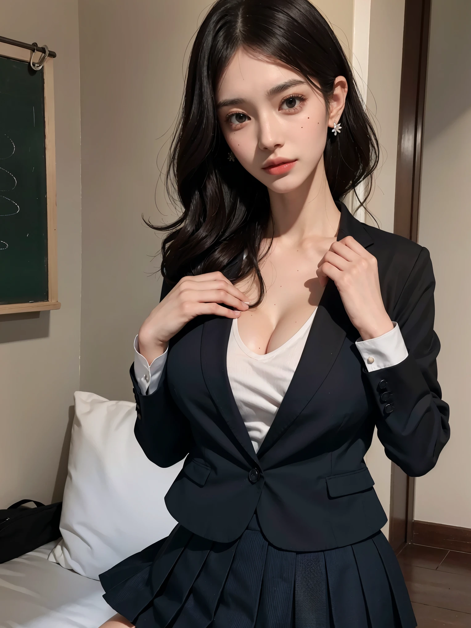 absurderes, Raw photo, Extremely delicate and beautiful, masutepiece, Best Quality, Ultra High Resolution, 16 K, hyper realisitic, Ultra-detailed, Perfect Anatomy, Ultra-detailed細なスキン, Perfect figure, Very detailed CG 8k wallpaper, in her 20s, Very slim body, Narrow waist, Very small head, Very small face, Delicate facial features, tear moles, Earring, thin legs, ((very massive round chest)), Girls, Full body shot, Short hair, Wavy Hair, ((Business Suit)), ((Blouse)), (Skirt),