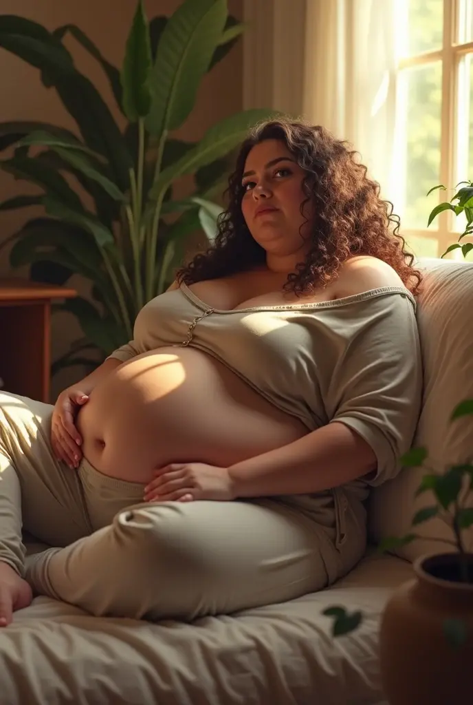 A brunette girl with curly hair and big breasts sits with her legs stretched out, taking a realistic photo