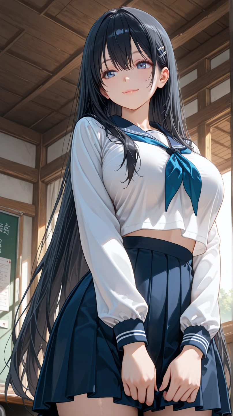 High school girl in white blouse and green checked skirt, long untied black hair, pinched eyes, long eyelashes, well styled and fairly large breasts, white pants showing through skirt, naughty anime style, beautiful anime high school girl, surreal high school girl, surreal high school girl, seductive anime girl, realistic high school girl, large breasts highlighted, naughty anime style, naughty thigh, naughty thigh, smooth anime CG art, a hyperrealistic schoolgirl, hyperrealistic schoolgirl, seductive anime girl, realistic schoolgirl, smooth anime cg art, beautiful anime high school girl, beautiful alluring anime , ecchi anime style, photorealistic anime girl render