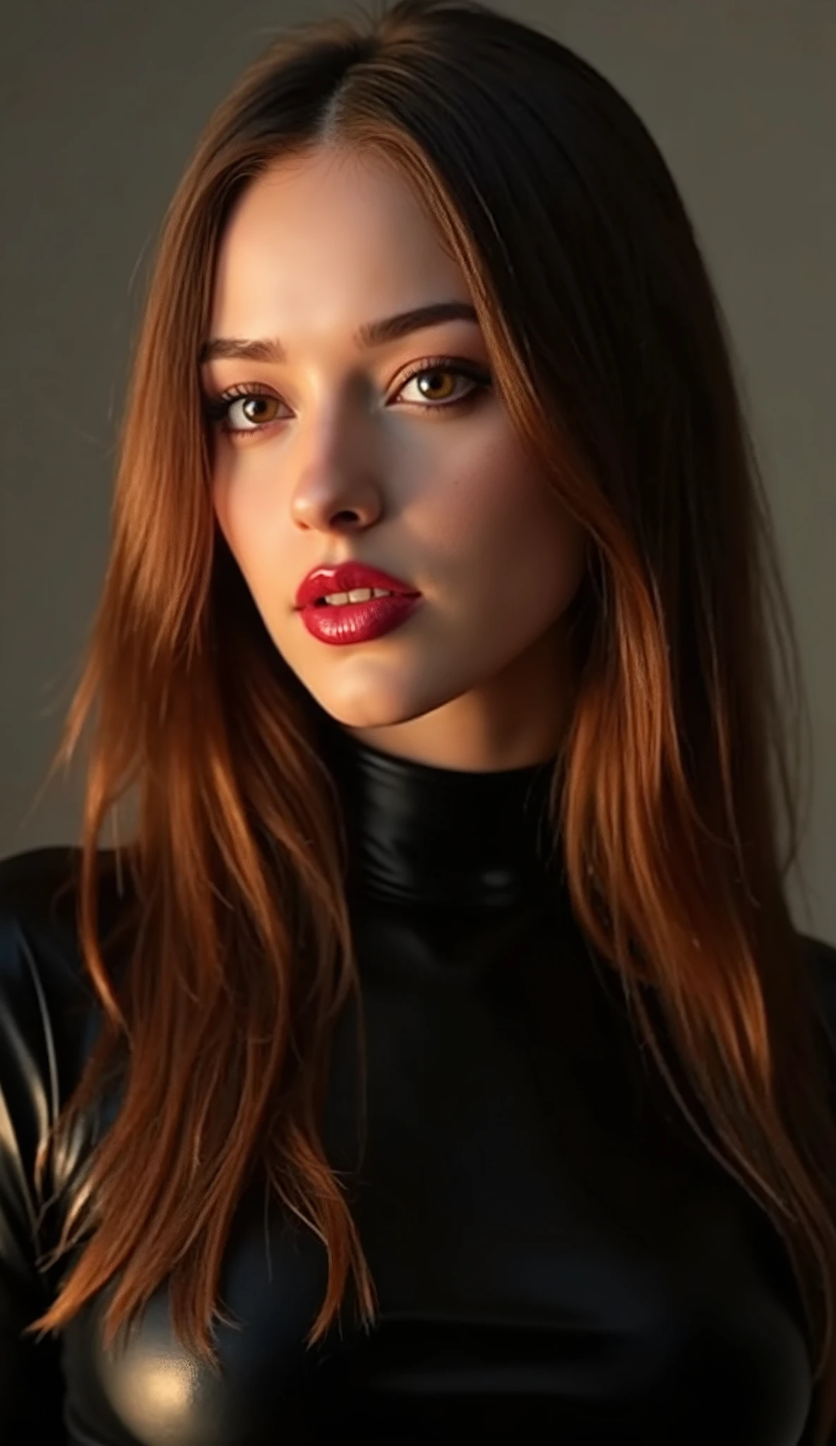 "A beautiful girl with fiery red hair and extreme makeup, including dark eyeliner with dramatic swipes and shiny, dark red lips. She wears shiny , black latex catsuit , that accentuates her body, and her skin glows with body oil. The image is high-resolution, with dramatic lighting in a minimalistic studio setting, that underlines her seductive and avant-garde look."
