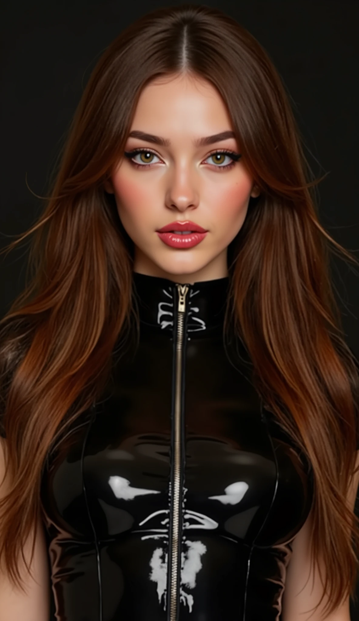 "A beautiful girl with fiery red hair and extreme makeup, including dark eyeliner with dramatic swipes and shiny, dark red lips. She wears shiny , black latex catsuit , that accentuates her body, and her skin glows with body oil. The image is high-resolution, with dramatic lighting in a minimalistic studio setting, that underlines her seductive and avant-garde look."