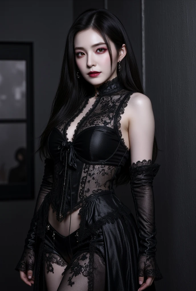 highest quality、8k、masterpiece:1.3、Gothic Punk、The inner color is red、Gray Black Hair、hair ornaments、beautiful girl、creative、Punk Shirt、Neogoth、Goth Fashion:1.2、High resolution、masterpiece、highest quality、頭w:1.3、((Hasselblad Photos))、Fine skin、Sharp focus、(Cinema Lighting)、Explore Tokyo's nightlife behind the neon lights, Forehead open, 17 years old、Petting'Hair back、Shoulder Bare、Small red rose tattoo on the décolletage、Just one tattoo
