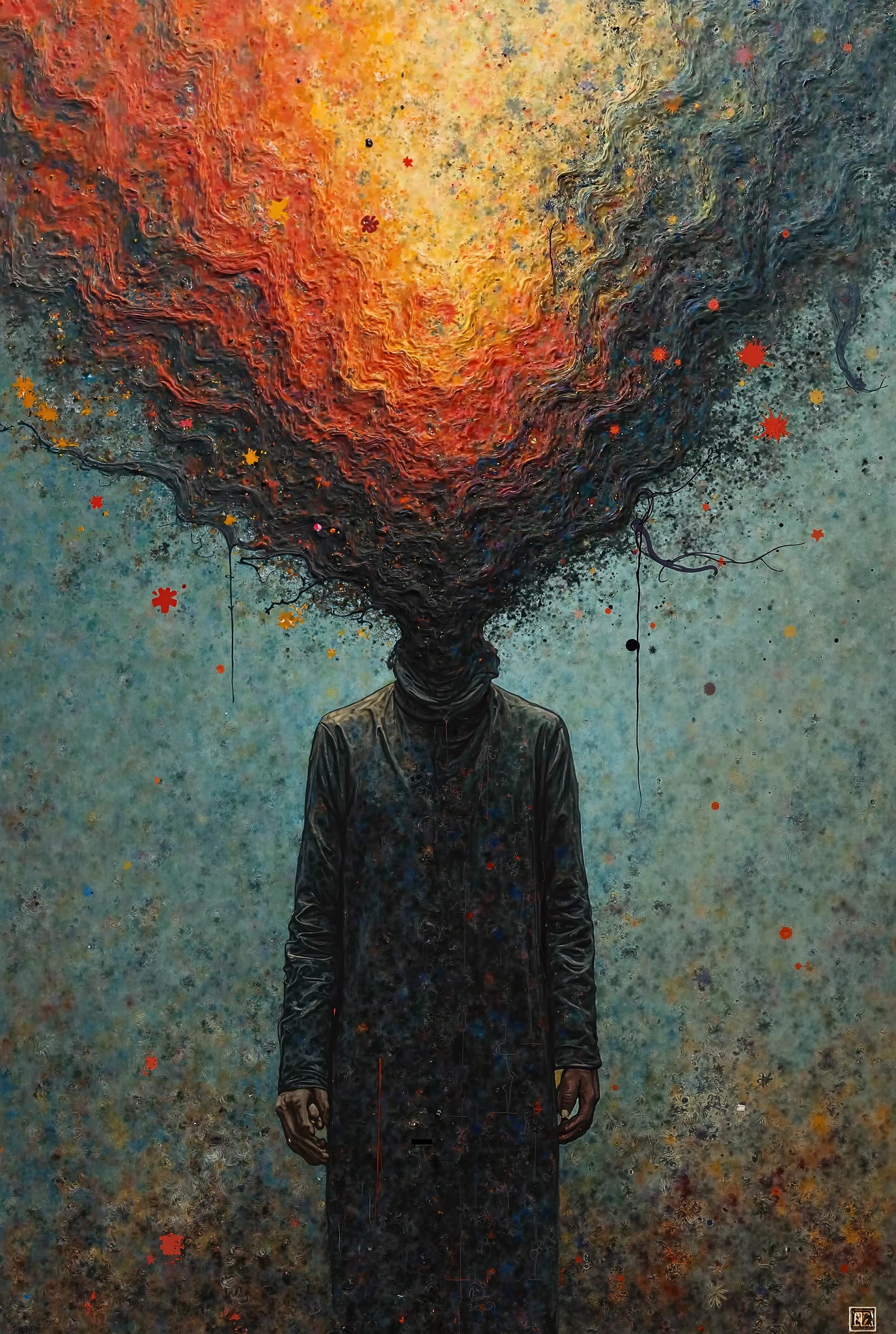 psycho_4rt, This painting portrays a figure in a moment of intense psychological or emotional distress, with hands pressed against their head, which dissolves into a chaotic, swirling black mass. The expressive, textural brushstrokes and fiery background create a sense of movement and turmoil, symbolizing the figure’s internal struggle. The sharp contrast between the dark, consuming blackness and the warm, explosive background adds to the intensity of the image, as if the figure’s anguish is erupting into the space around them. Through its expressive style, contrasting color palette, and surreal elements, the artwork powerfully conveys themes of mental anguish, emotional breakdown, and the consuming nature of inner chaos. The result is a haunting, visceral depiction of psychological struggle that invites viewers to confront the raw, unsettling nature of human despair.