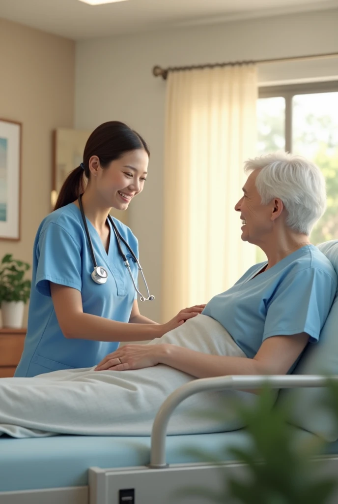 There is an old woman with gray hair in hospital bed and a nurse, a beautiful artwork illustration, exciting photos, beautiful photos, HD photos, hospital photos, nursing homes, medical photos, medical staff, realistic style, high quality photos, real scenes, art, nursing, photographic art