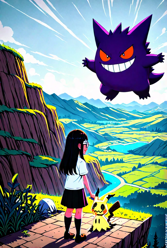 Animation of a  sitting on a flower field while holding a candy in her hand and wearing a hat, and her little cat is sitting next to her, when suddenly 8 large ghost-like drop creatures appear in front of her with expressions of anger, fear, judgment, and hatred.