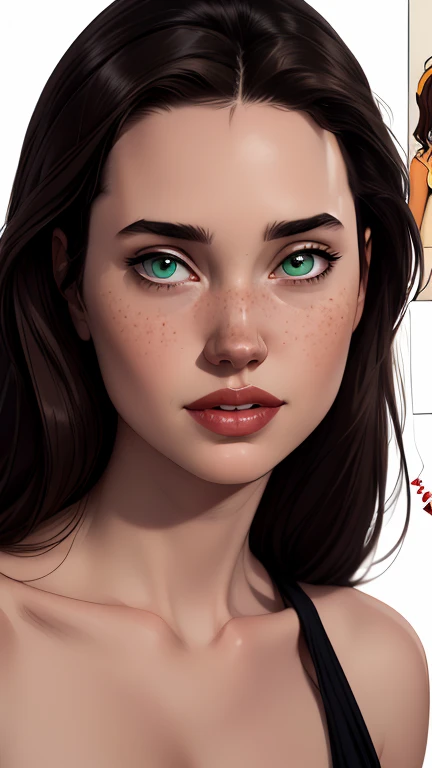 Character style illustration style Completely bare breasts showing small fear Breast size Cartoon name: white background medium breasts freckled face Jennifer Connelly actress strong contours Physical description - long, straight hair, tingidos de um marrom vibrante que contrasta com sua pele clara. - You reflect a mix of curiosity and determination. - Ela tem uma estatura alta, with a slender and agile figure, evidenciando sua agilidade e destreza. -fundo colorido Design de personagens de retrato, beautiful digital illustration, retrato de alta qualidade, Arte em quadrinhos, Corpo inteiro sensualizando ou pelada. folha de retorno. return sheet member clothes of the day hell day expression love using sanserina and Harry Potter clothes 