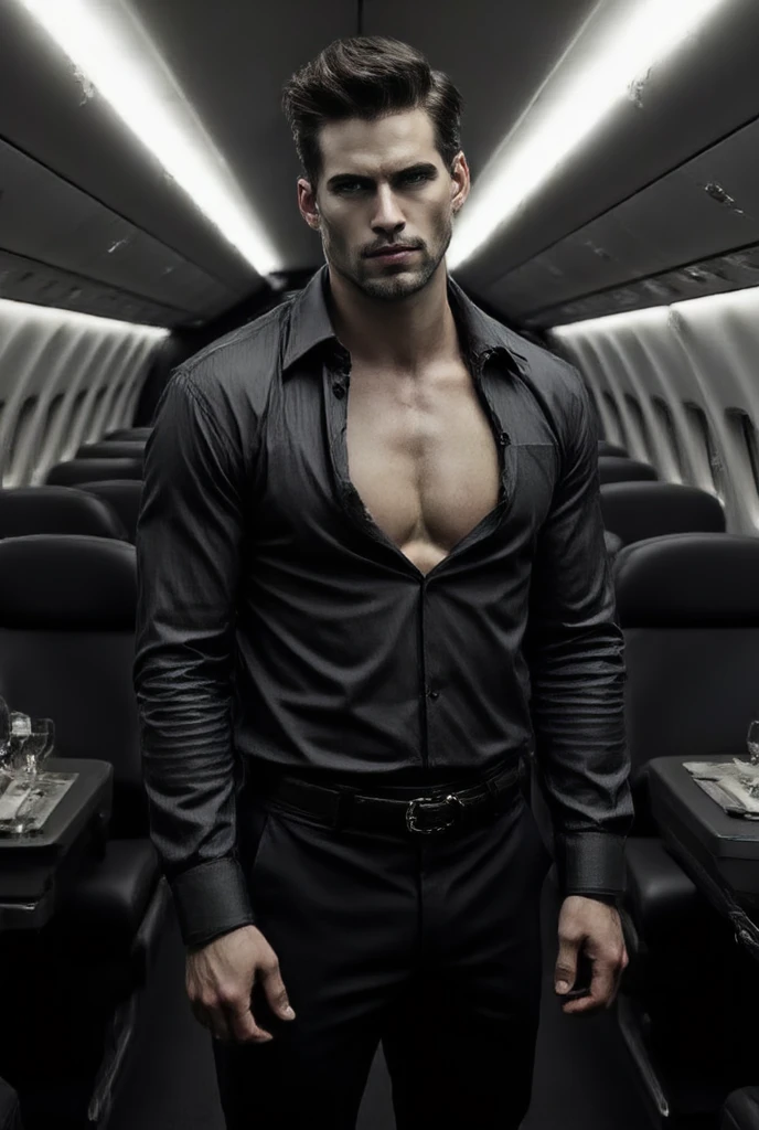 HD quality, high definition, a male flight attendant 20 years old handsome, muscular and slim, red lips, leaning against wall inside aircraft, ((exposed vagina)) , wearing open formal coat uniform, model with bracelets, earrings, with eye glasses, fully nude and naked body, eyebrowse angry, side view, wearing shoes, sexy and seductive, very wet body, very wet hair, ((exposed Vagina)), ((with necktie on the neck)), with gloves, full body view, serving wine,