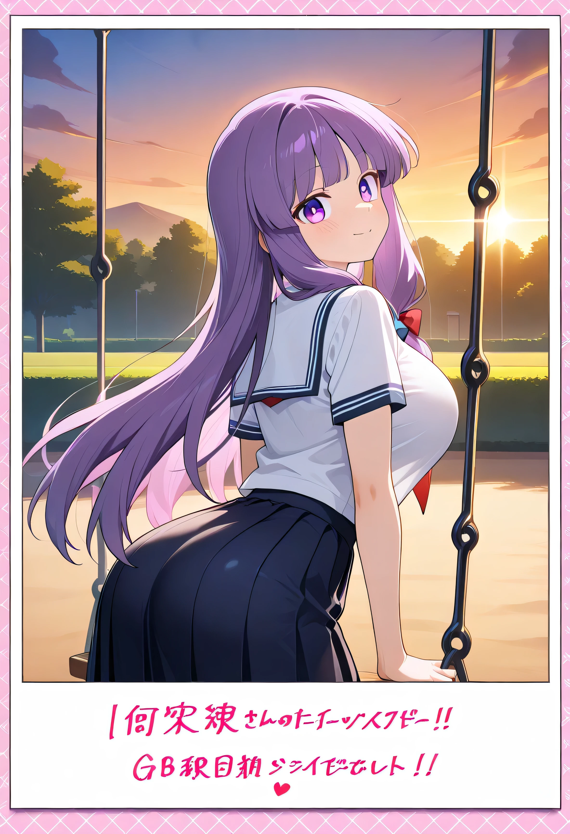 (beautiful girl:1.3),masterpiece,Please redeem,Ultra-high resolution,rich contrast,Very high quality,8k,Highly detailed CG unit wallpaper,Texture,So ridiculous,RAW Photos,Highest quality anime,anime-style illustration,studio anime style,professional photograph,an extremely delicate and beautiful,Depth of written boundary 1.2,ultra-detailed eyes,Glowing Skin,Glitter Effect,Beautiful glossy lips,patchouli knowledge, 1girl , Alone, purple hair, long hair, purple eyes, sidelocks,(school uniform, short sleeve shirt, summer style with light fabric, Navy Pleated Skirt),((( round eyes , big eyes))), big breasts,Big Round Ass,polaroid,pink border,english text,garden,sunset,lens flare,(best smile),swing,swing,Embarrassing,blush,Leaning forward,Looking up,Tilt your head