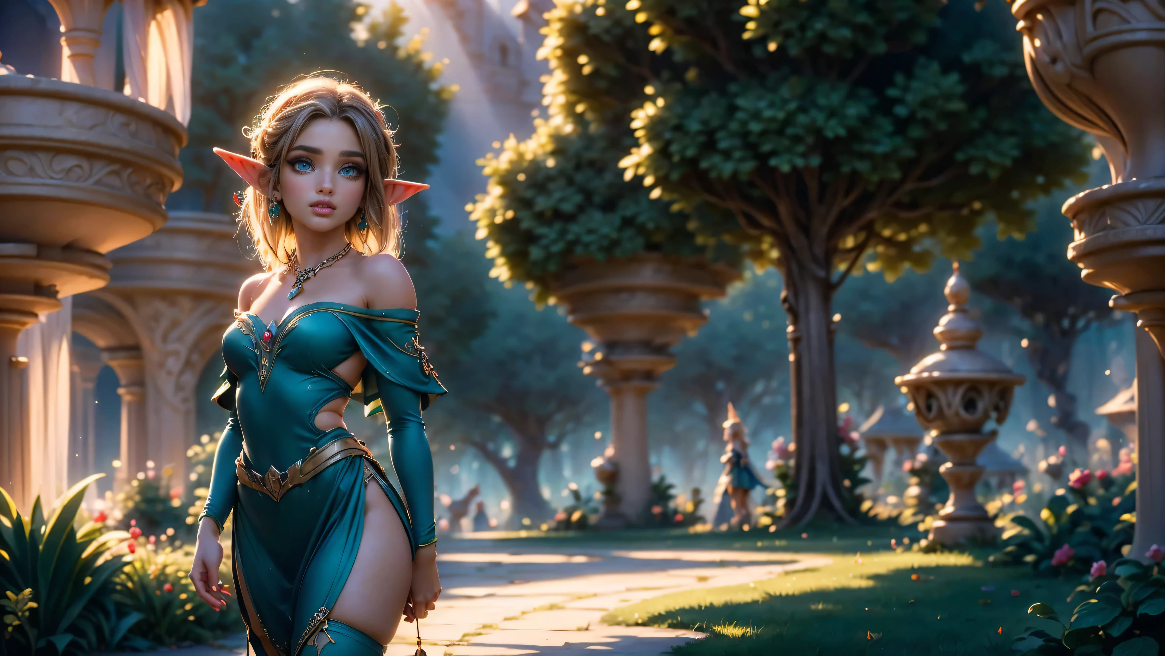 ((1girl)), ((solo)), ((young woodland warrior elf girl)), ((walking through an elf village)), ((male elves turning to look at her)), ((elf girl focus)), ((long dark hair)), ((small ears)), ((round breasts)), thigh-highs, formfitting eleven clothes, tight clothes, ((looking at viewer)), ((green eyes)), ((beautiful day)), ((smiling)), Perfect body, beautiful, young, tempting, alluring, jewelry, necklace, off shoulder, ((skinny)), ((petite)), ((small)), flirting with camera, Best Looks, ((fantasy castle in the background)), beams of sunlight, fantasy