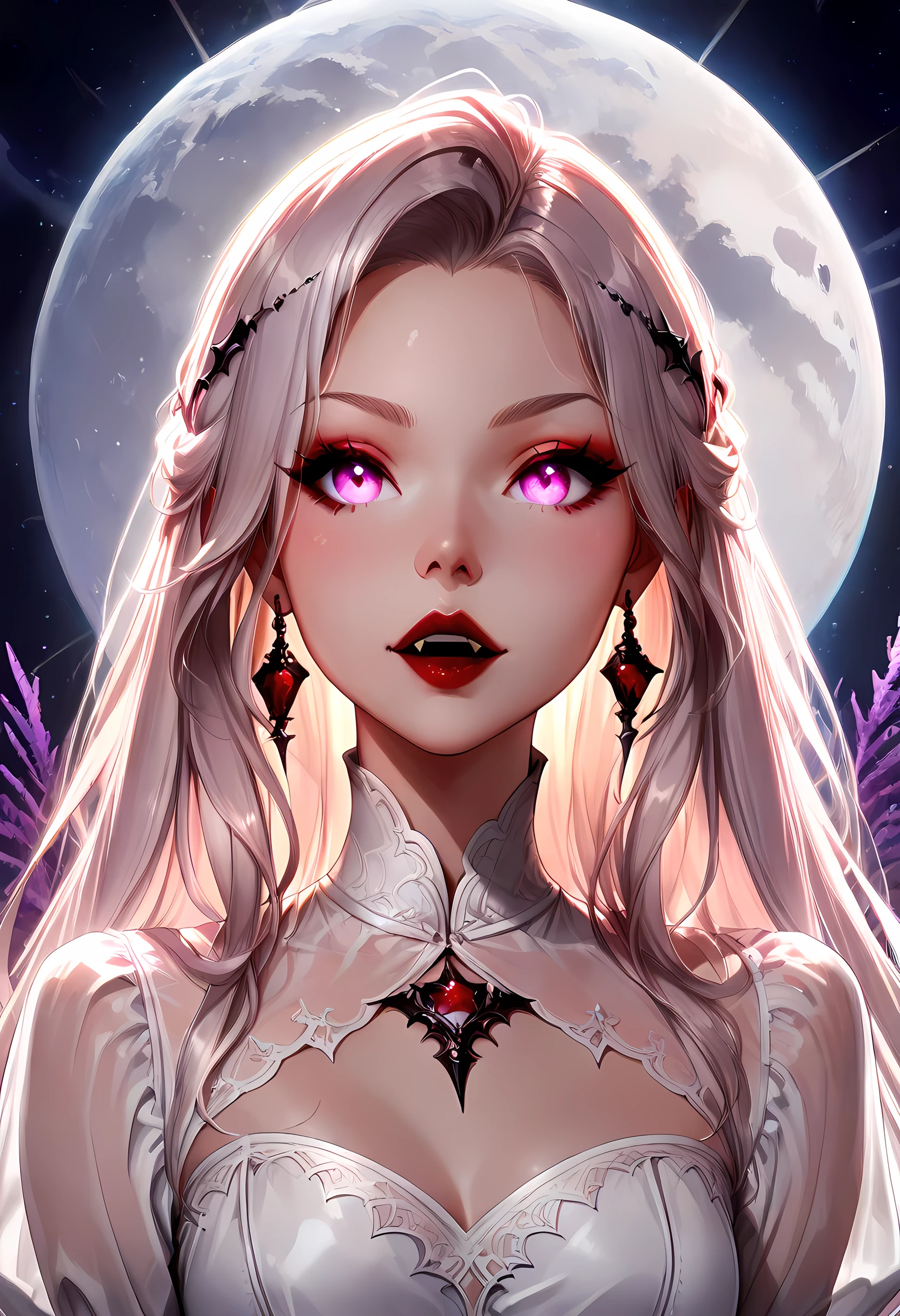 dark fantasy art, a picture of a fantasy, a beautiful female vampire, feminine body, portrait, best detailed face,  pale skin, red hair, glowing eyes, lavender eyes, dark red lips, fangs, wearing white dress, (transparent fabric dress: 1.3), goth dress, small cleavage, intricate dress, wearing stiletto heels,  it is night time, the moon is in the sky, a sense of dread, soft light. moon rays. high details, best quality, 16k, [ultra detailed], masterpiece, best quality, (extremely detailed), close up, ultra wide shot, photorealistic, RAW, fantasy art, dnd art, fantasy art, realistic art,((best quality)), ((masterpiece)), (detailed), perfect face, fantasy, Vampire Dress, goth person