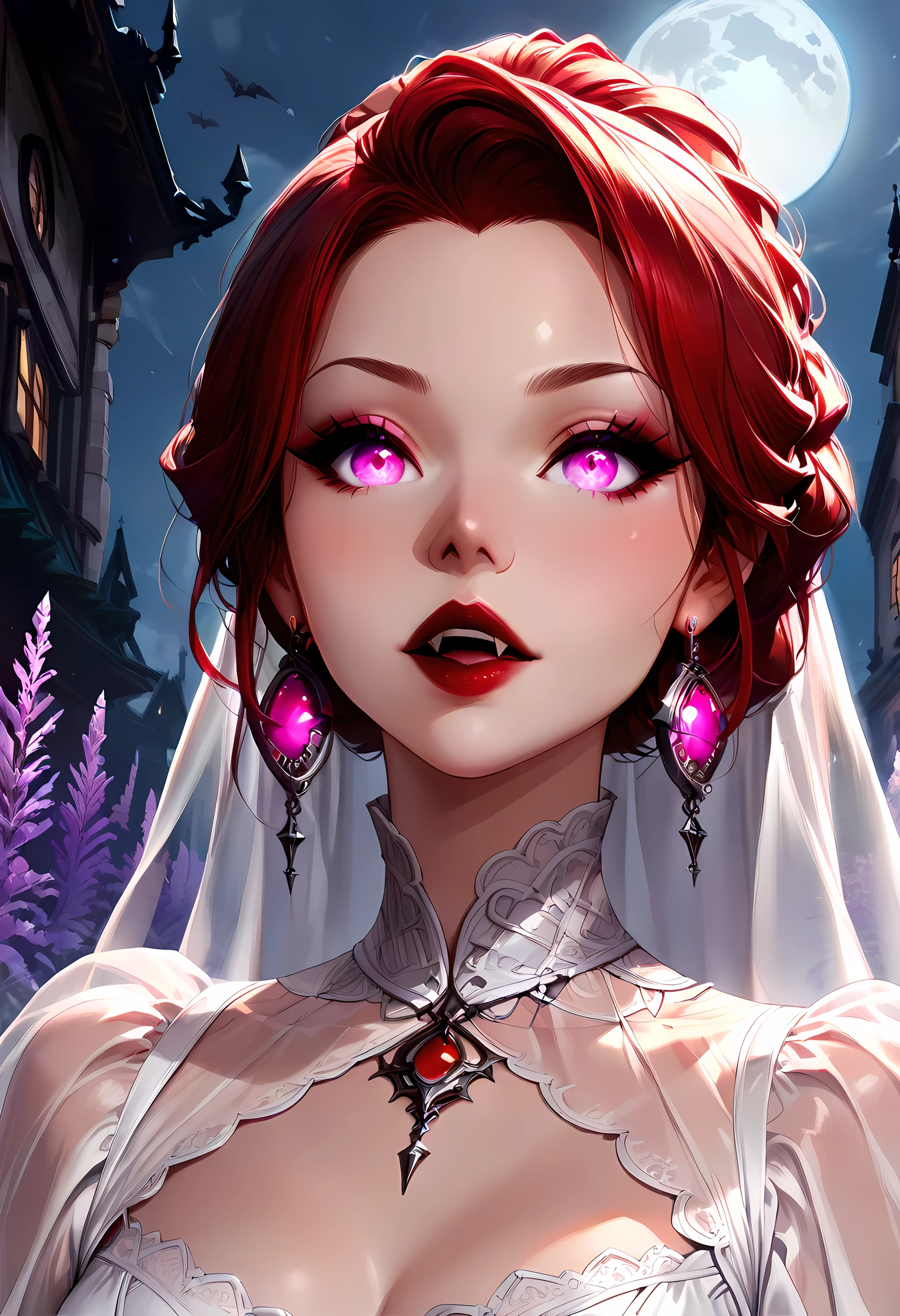 dark fantasy art, a picture of a fantasy, a beautiful female vampire, feminine body, portrait, best detailed face,  pale skin, red hair, glowing eyes, lavender eyes, dark red lips, fangs, wearing white dress, (transparent fabric dress: 1.3), goth dress, small cleavage, intricate dress, wearing stiletto heels,  it is night time, the moon is in the sky, a sense of dread, soft light. moon rays. high details, best quality, 16k, [ultra detailed], masterpiece, best quality, (extremely detailed), close up, ultra wide shot, photorealistic, RAW, fantasy art, dnd art, fantasy art, realistic art,((best quality)), ((masterpiece)), (detailed), perfect face, fantasy, Vampire Dress, goth person