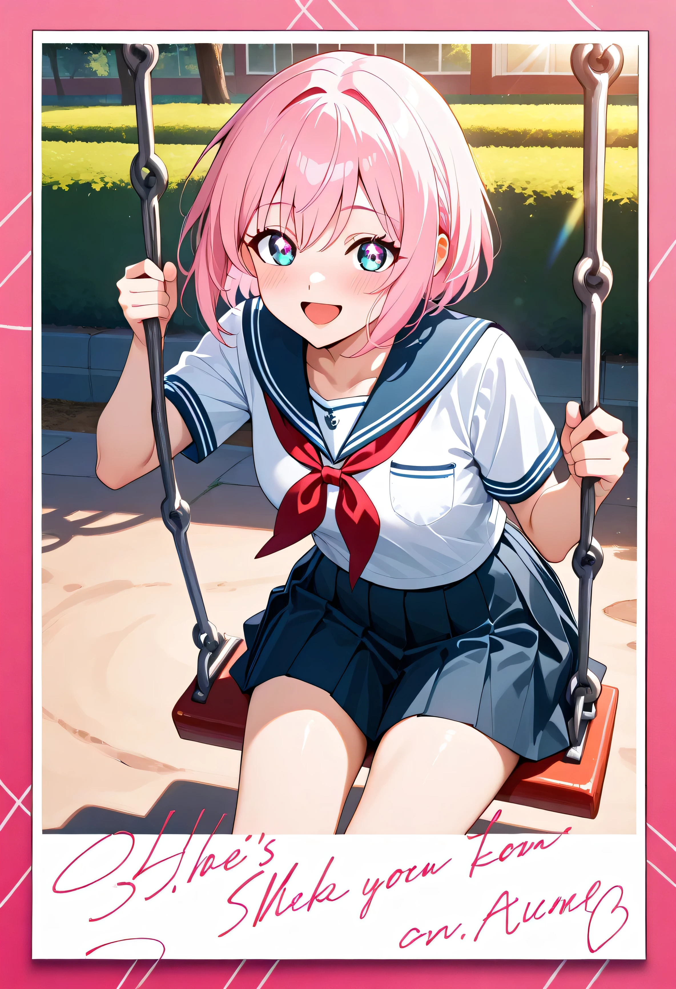 (beautiful girl:1.3),masterpiece,Please redeem,Ultra-high resolution,rich contrast,Very high quality,8k,Highly detailed CG unit wallpaper,Texture,So ridiculous,RAW Photos,Highest quality anime,anime-style illustration,studio anime style,professional photograph,an extremely delicate and beautiful,Depth of written boundary 1.2,ultra-detailed eyes,Glowing Skin,Glitter Effect,Beautiful glossy lips,Alone,pink hair ,(short hair:1.3), biue eyes ,(school uniform, short sleeve shirt, summer style with light fabric, Navy Pleated Skirt),polaroid,pink border,english text,Big pink letters,garden,sunset,lens flare,(best smile),swing,(She's on the swing),Embarrassing,blush,Leaning forward,Looking up,Tilt your head