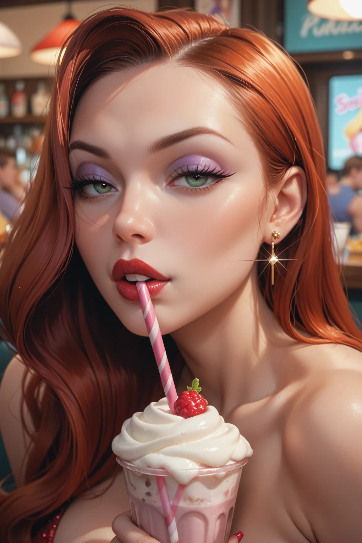 A photorealistic image of Jessica rabbit with a black and purple ice cream, in the background the universe of colors