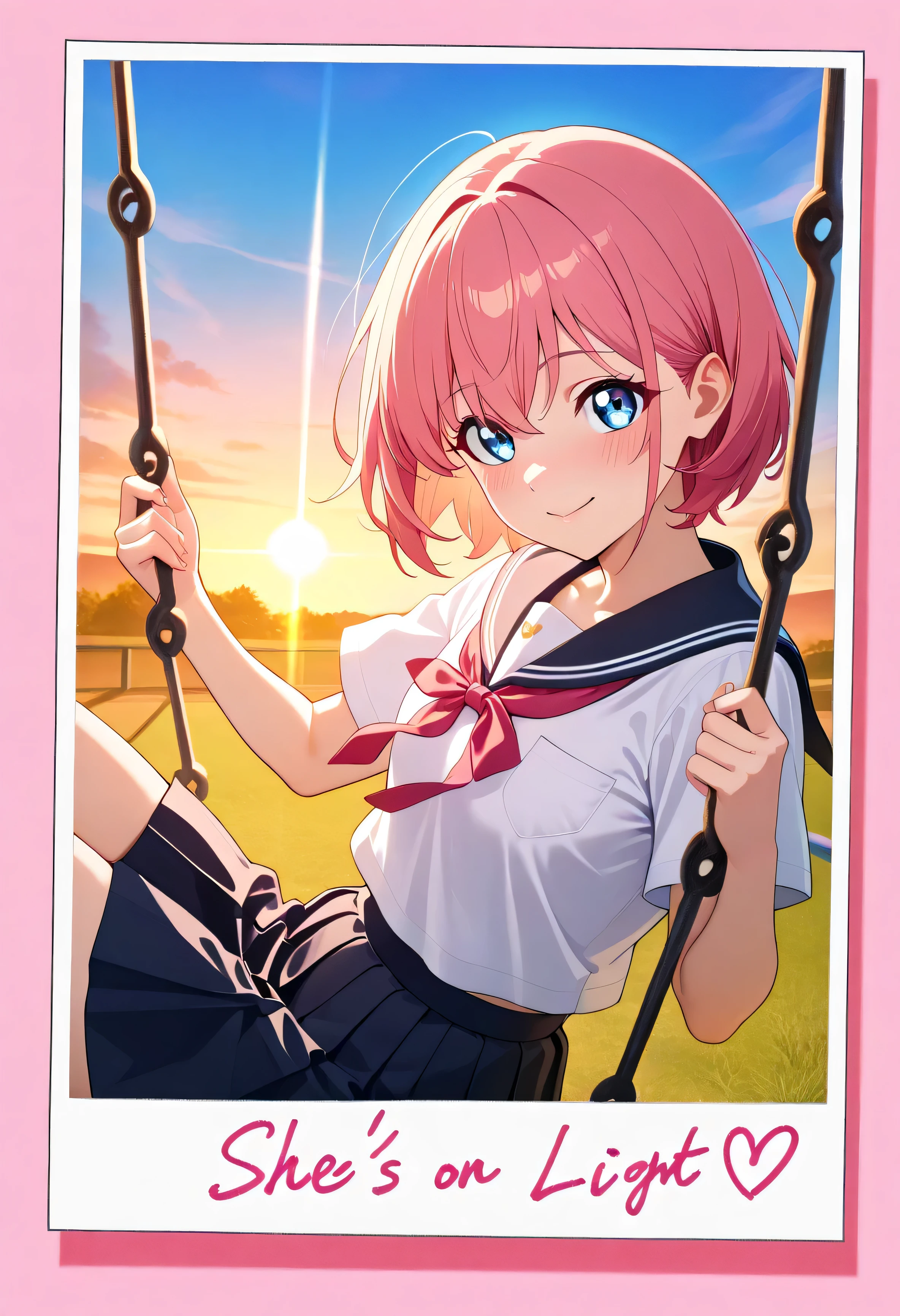 (beautiful girl:1.3),masterpiece,Please redeem,Ultra-high resolution,rich contrast,Very high quality,8k,Highly detailed CG unit wallpaper,Texture,So ridiculous,RAW Photos,Highest quality anime,anime-style illustration,studio anime style,professional photograph,an extremely delicate and beautiful,Depth of written boundary 1.2,Glowing Skin,Glitter Effect,Beautiful glossy lips,Alone,pink hair ,(short hair:1.3), biue eyes ,(school uniform, short sleeve shirt, summer style with light fabric, Navy Pleated Skirt),polaroid,pink border,english text,Big pink letters,garden,sunset,lens flare,(best smile),swing,(She's on the swing),Embarrassing,blush,Leaning forward,Looking up,Tilt your head