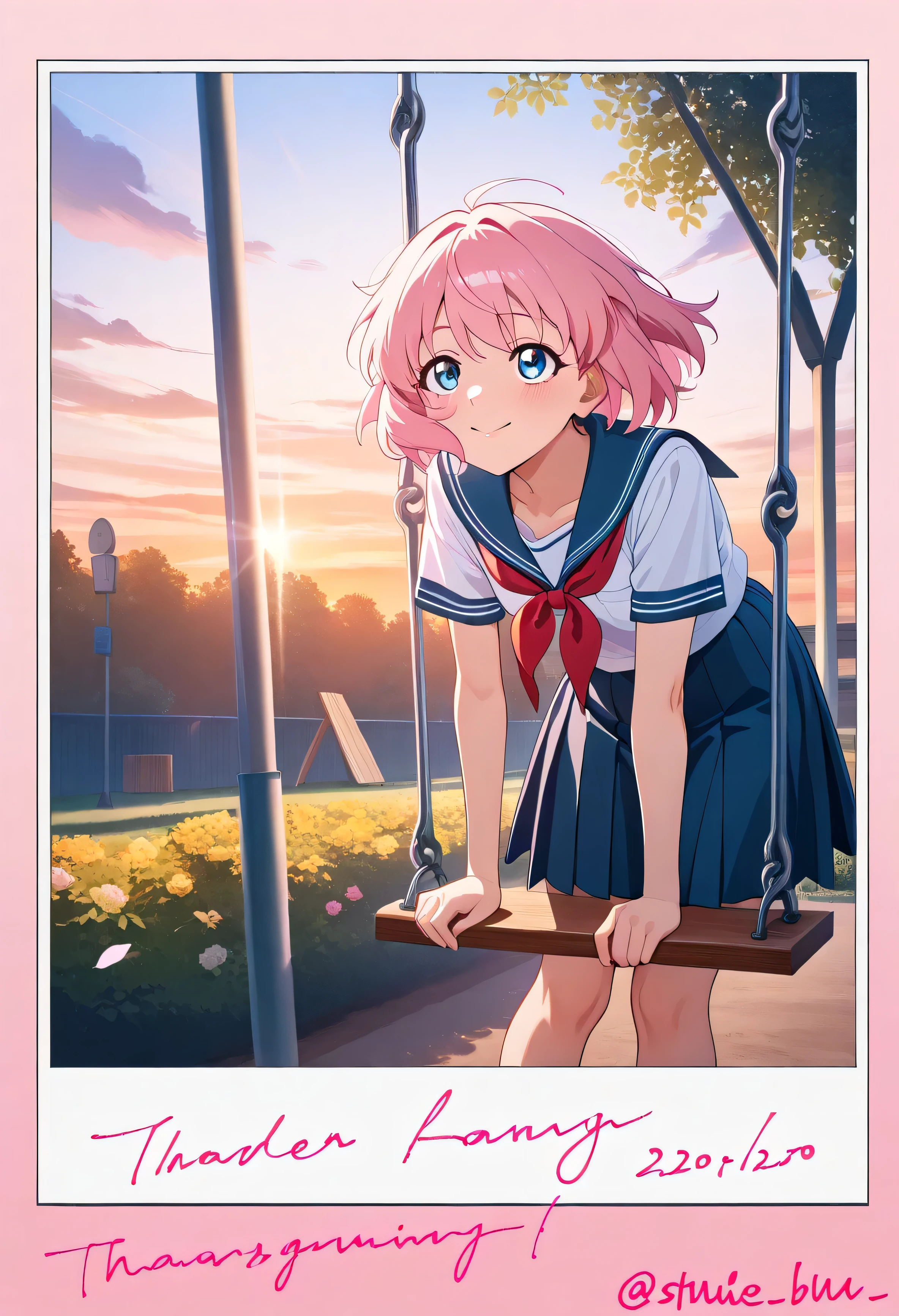 (beautiful girl:1.3),masterpiece,Please redeem,Ultra-high resolution,rich contrast,Very high quality,8k,Highly detailed CG unit wallpaper,Texture,So ridiculous,RAW Photos,Highest quality anime,anime-style illustration,studio anime style,professional photograph,an extremely delicate and beautiful,Depth of written boundary 1.2,Glowing Skin,Glitter Effect,Beautiful glossy lips,Alone,pink hair ,(short hair:1.3), biue eyes ,(school uniform, short sleeve shirt, summer style with light fabric, Navy Pleated Skirt),polaroid,pink border,english text,Big pink letters,garden,sunset,lens flare,(best smile),swing,Leaning forward,Looking up,Tilt your head