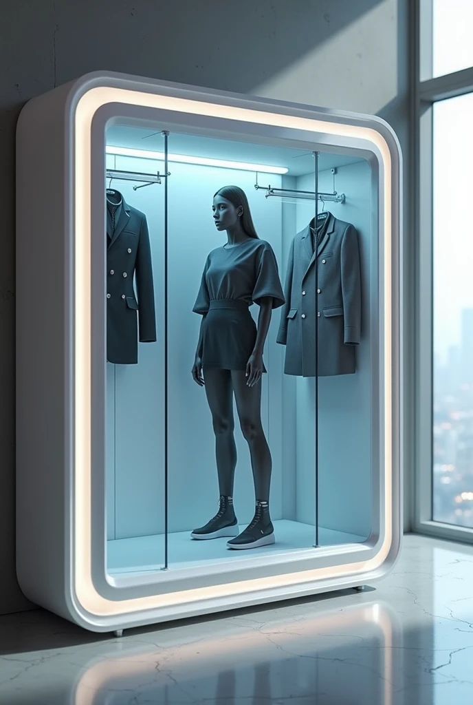 A booth that scans people with physical disabilities and models suitable clothing for them to place a person with a prosthesis inside the booth