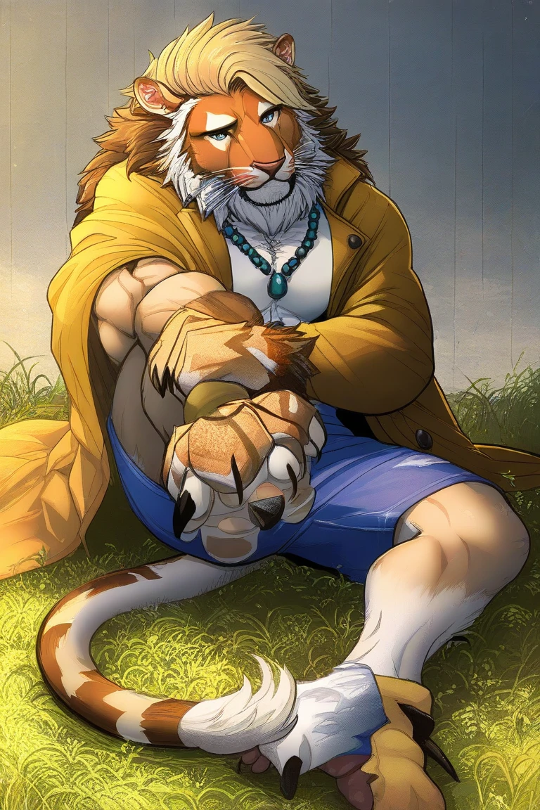 (4fingers), small_round_ears, small_panda_ears, pandaren, world_of_warcraft, furry, anthropomorphic, fluffy_tail, foxtail, cfemale, claws, red_panda, tiger_stripes, tiger_face, flat_chested, teen, teenager, amber_eyes, (pupils), (tiger_legs), black_left_foot, white_right_foot, (four_fingers), waist_long_ponytail, brown_hair, ((three_toes)), ((3toes)), ((detailed_eyes)), ((detailed_face)), detailed_hands, simple clothing, white shirt, brown pants, one tail, solo character, fearful, scared, terrified, curled up,