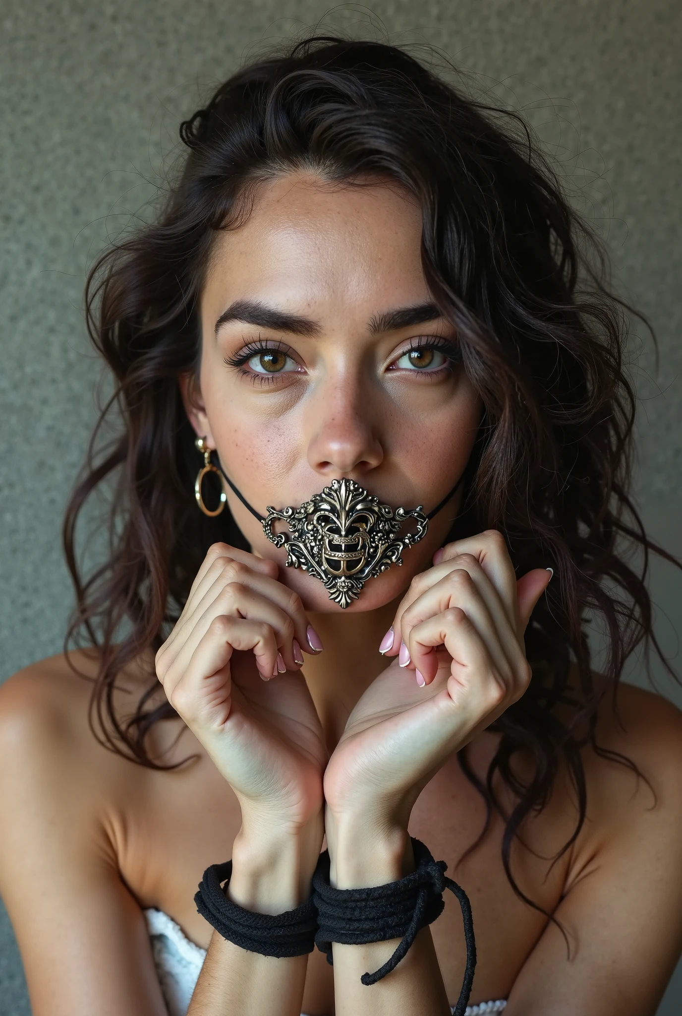 a close up of a Arab woman wearing a silver face chain, face accessories, forehead jewelry, wearing a bejeweled mask, metal mask, arabian, intricate mask, arabian beauty, mask, pearls and chains, femme, metallic mask around the mouth, face covered, full face occult silver mask, inspired by Hedi Xandt, chain mail, vega mask, masks