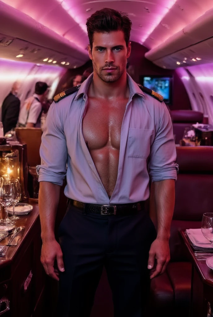 masterpiece, best quality, face, natural eyes, 1man, solo, big feet, black socks, full body, (in suits), large bulge, long legs, looking at viewer, 30 years old, muscled and mature, pilot, pilot in uniform, short haircut, blue eyes, topless, shirtless, open chest, eight-pack abs, sexy,